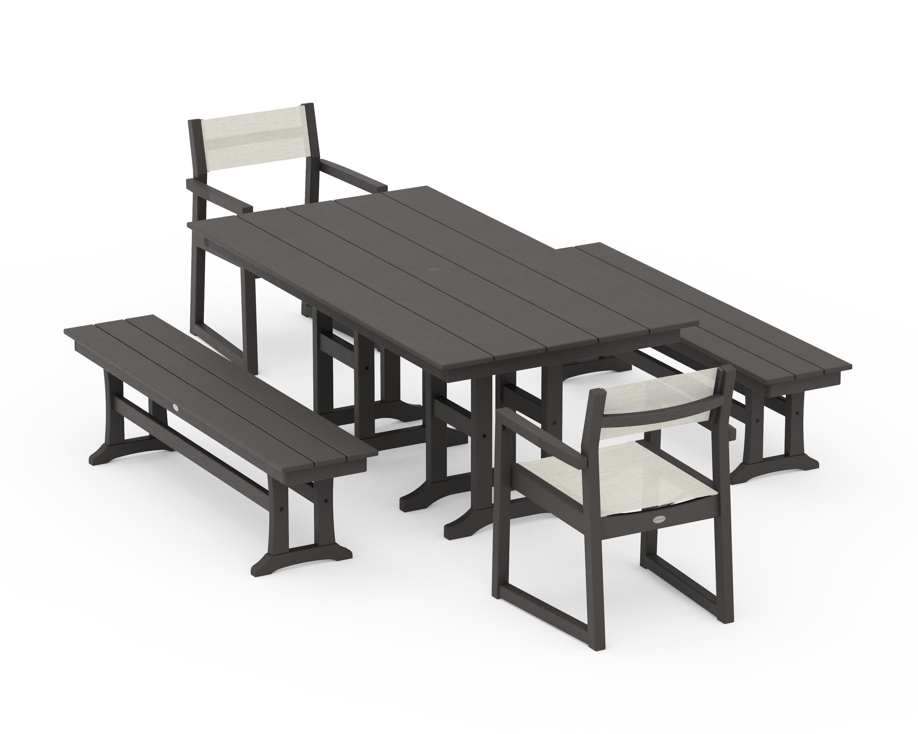 EDGE Sling Arm Chair 5-Piece Farmhouse Dining Set with Benches in Vintage Coffee / Parchment Sling