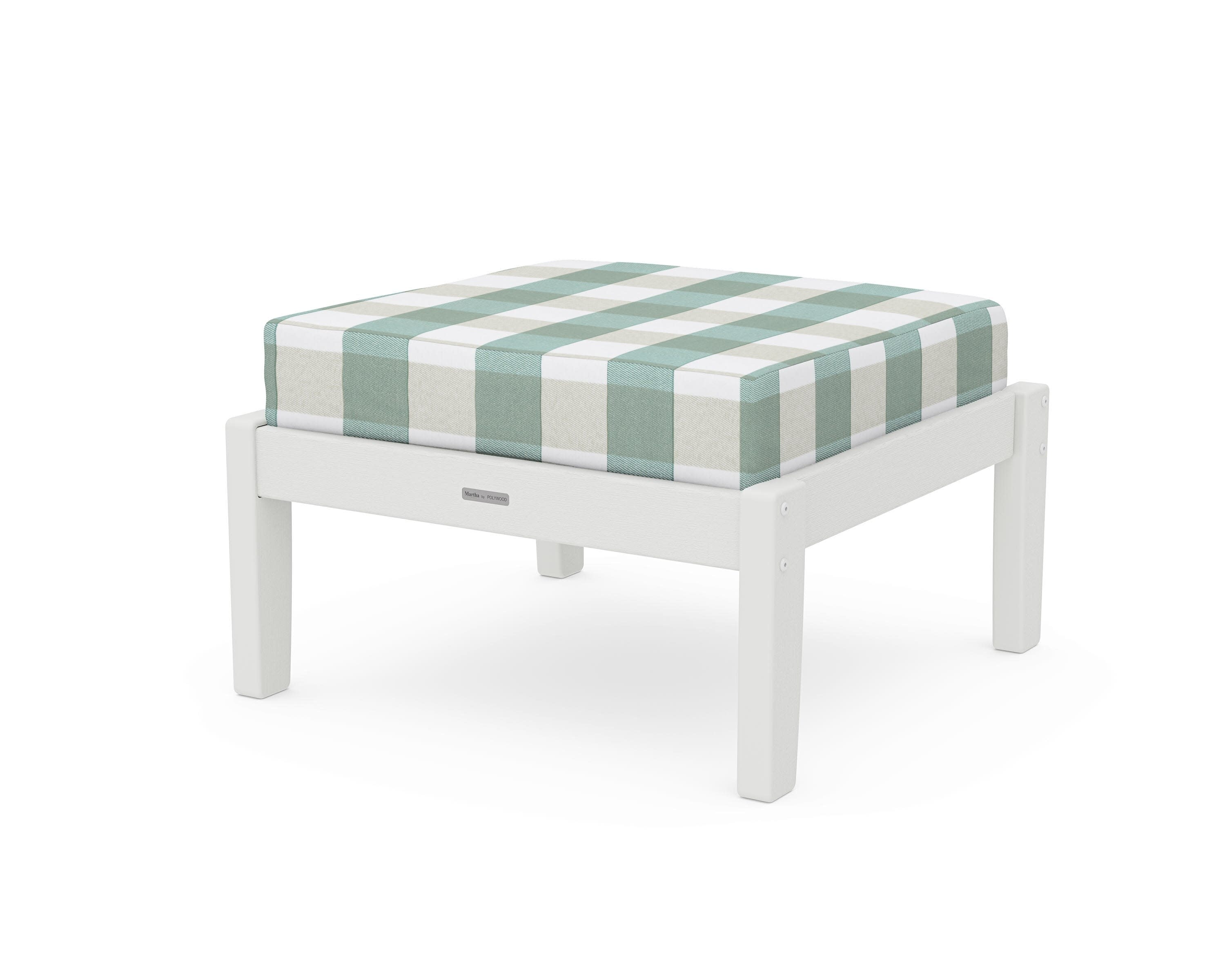 Chinoiserie Deep Seating Ottoman in Vintage White / Buffalo Plaid Glacier Spa