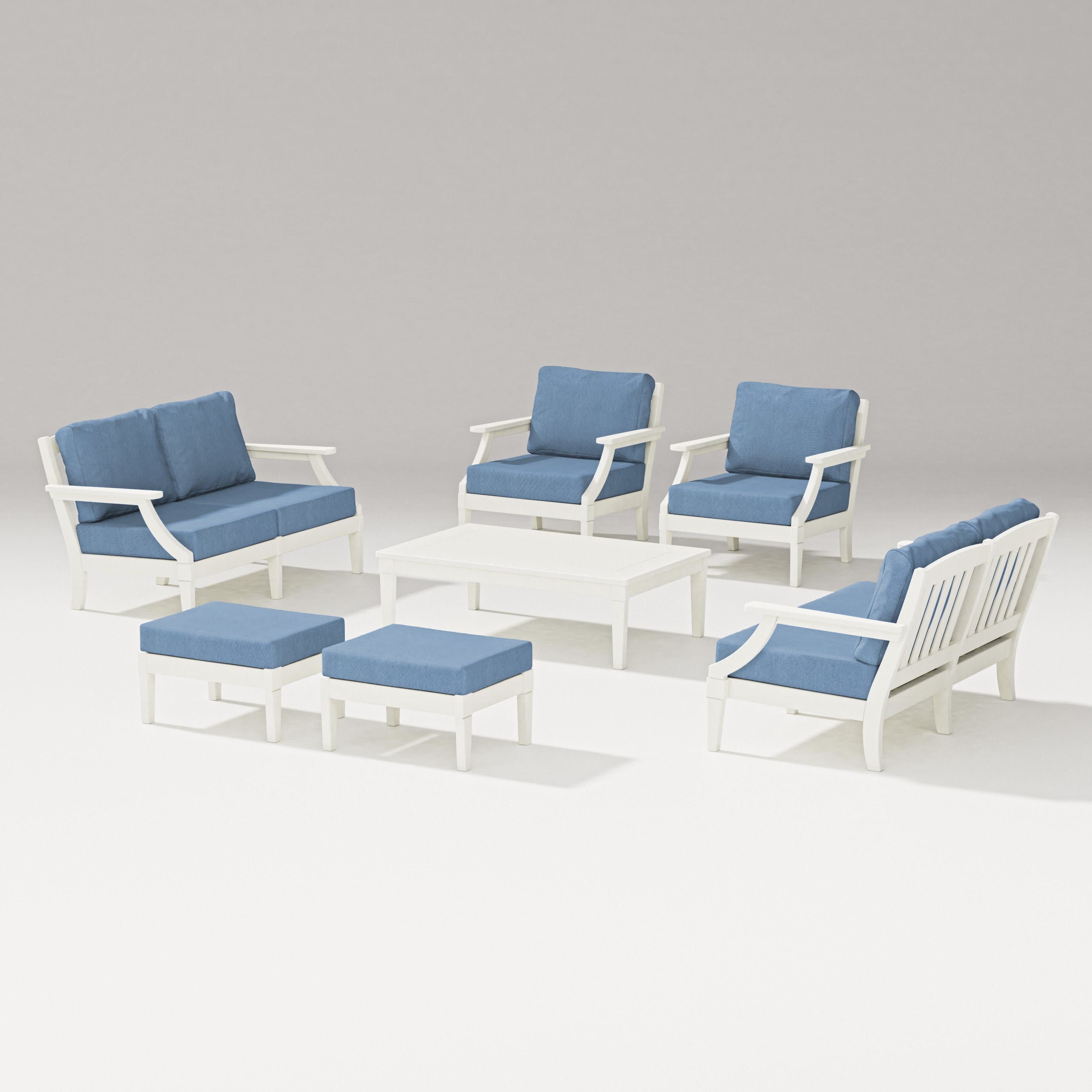 Estate 7-Piece Lounge Loveseat Set in Vintage White / Sky Blue