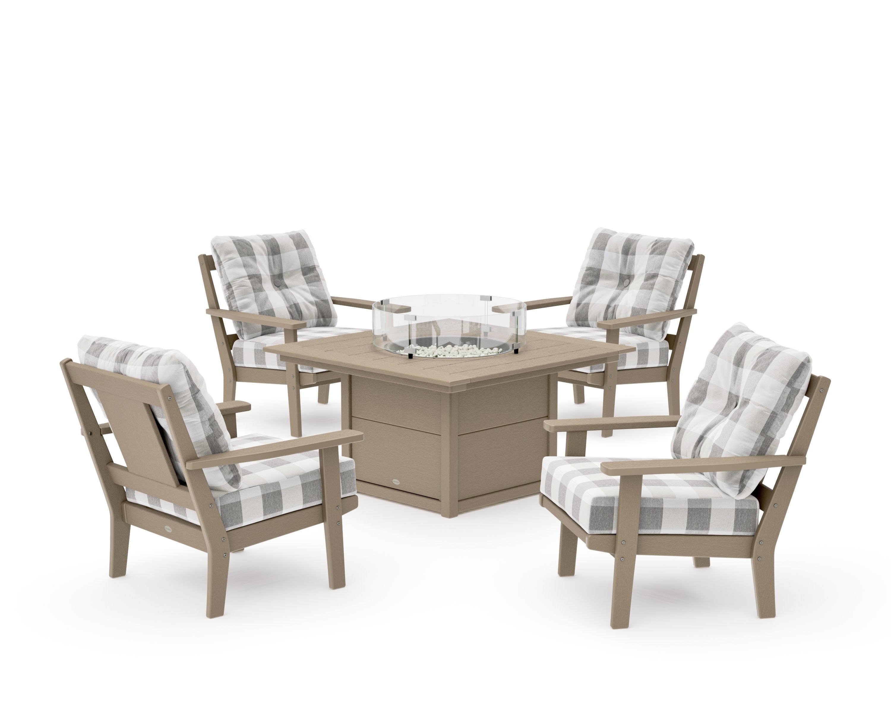 Prairie 5-Piece Deep Seating Set with Fire Pit Table in Vintage Sahara / Buffalo Plaid Grey Mist