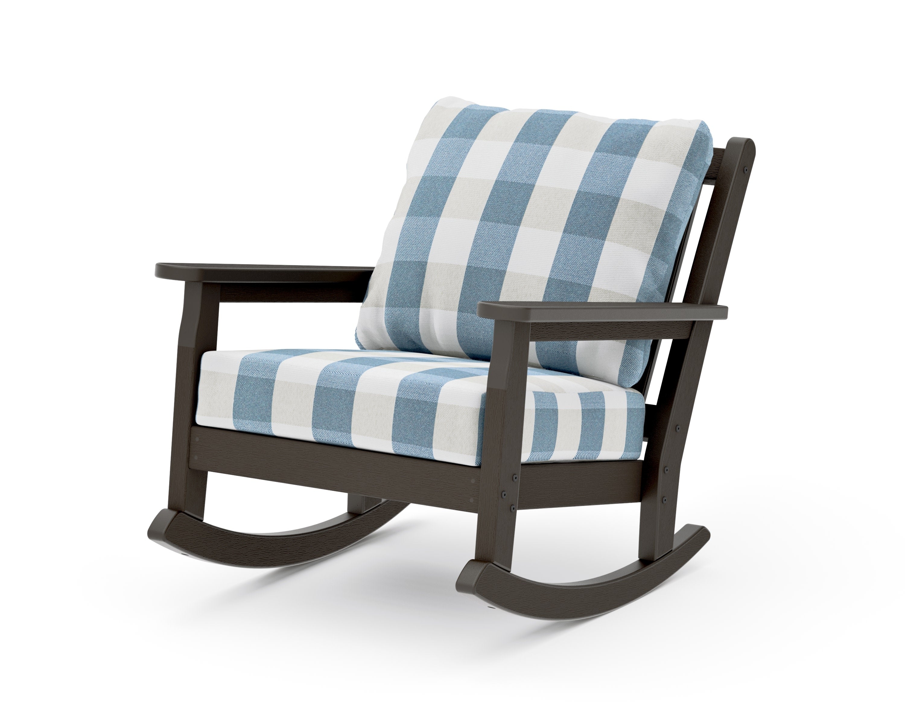 Chippendale Deep Seating Rocking Chair in Vintage Coffee / Buffalo Plaid Sky Blue