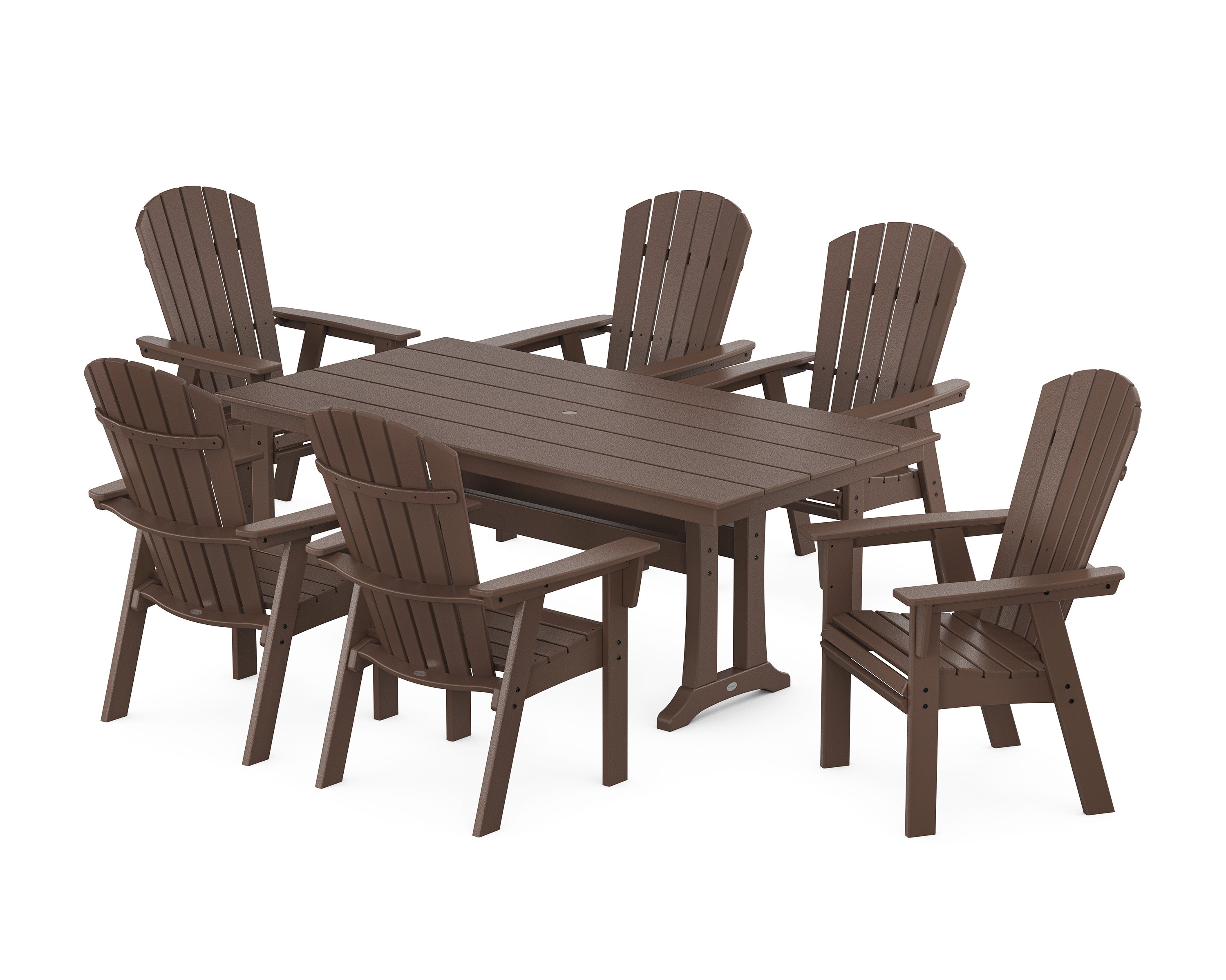 Nautical Curveback Adirondack 7-Piece Farmhouse Dining Set with Trestle Legs in Mahogany