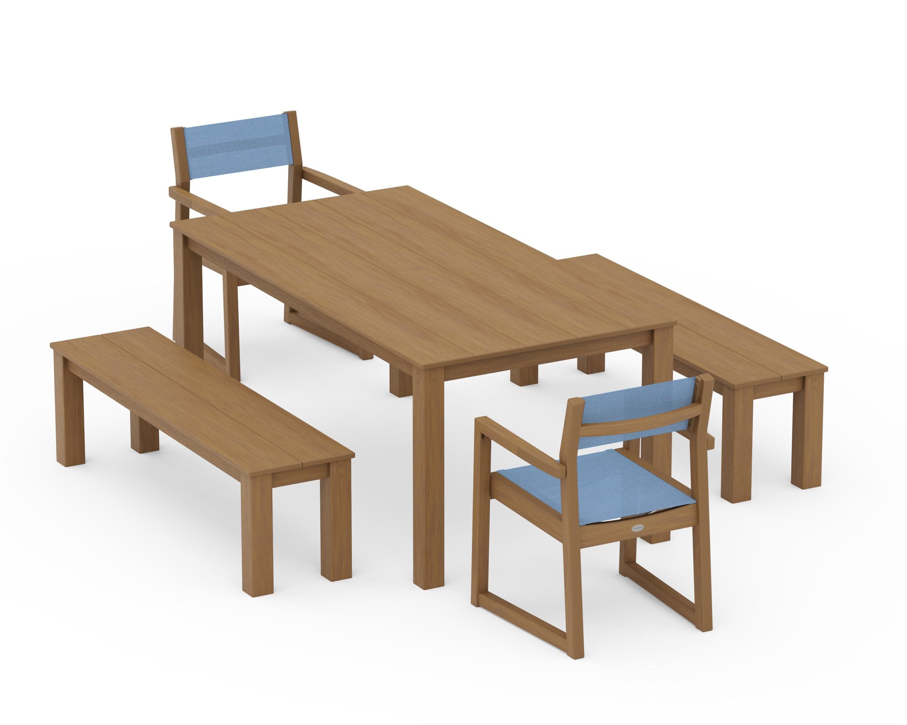 EDGE Sling Arm Chair 5-Piece Parsons Dining Set with Benches in Natural / Poolside Sling