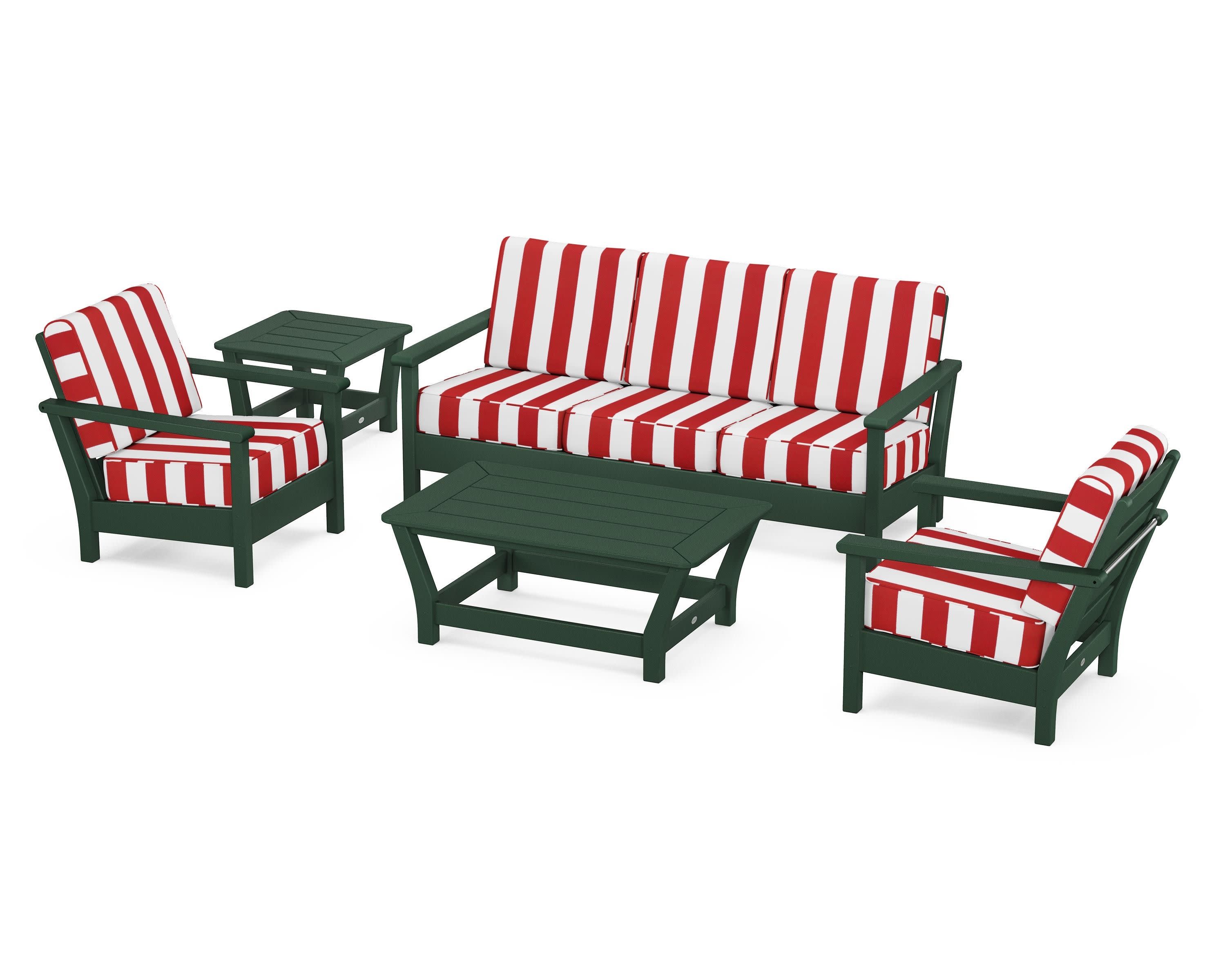 Harbour 5-Piece Deep Seating Set in Green / Cabana Stripe Crimson