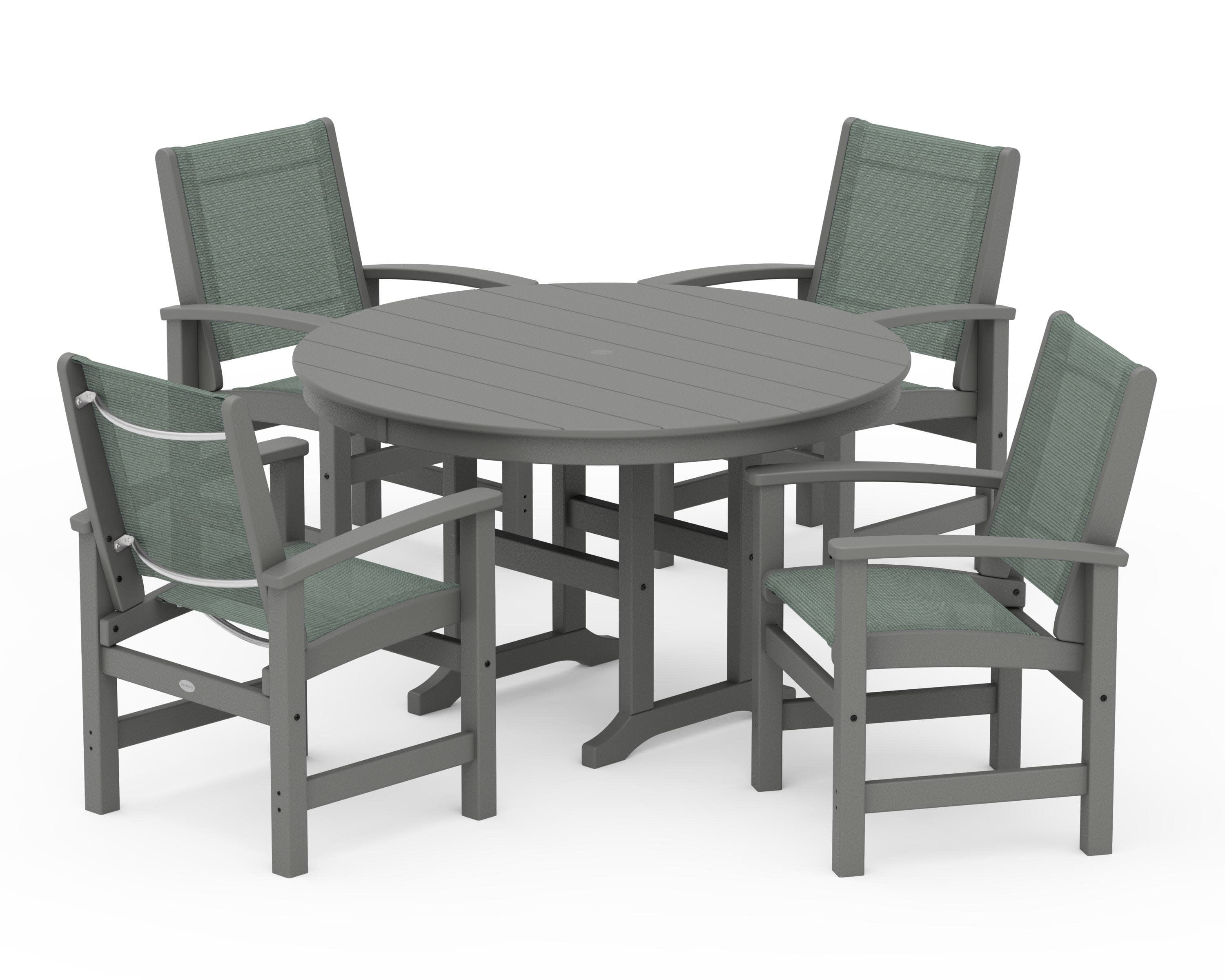 Coastal 5-Piece Round Farmhouse Dining Set in Slate Grey / Dupioni Sea Mist Sling