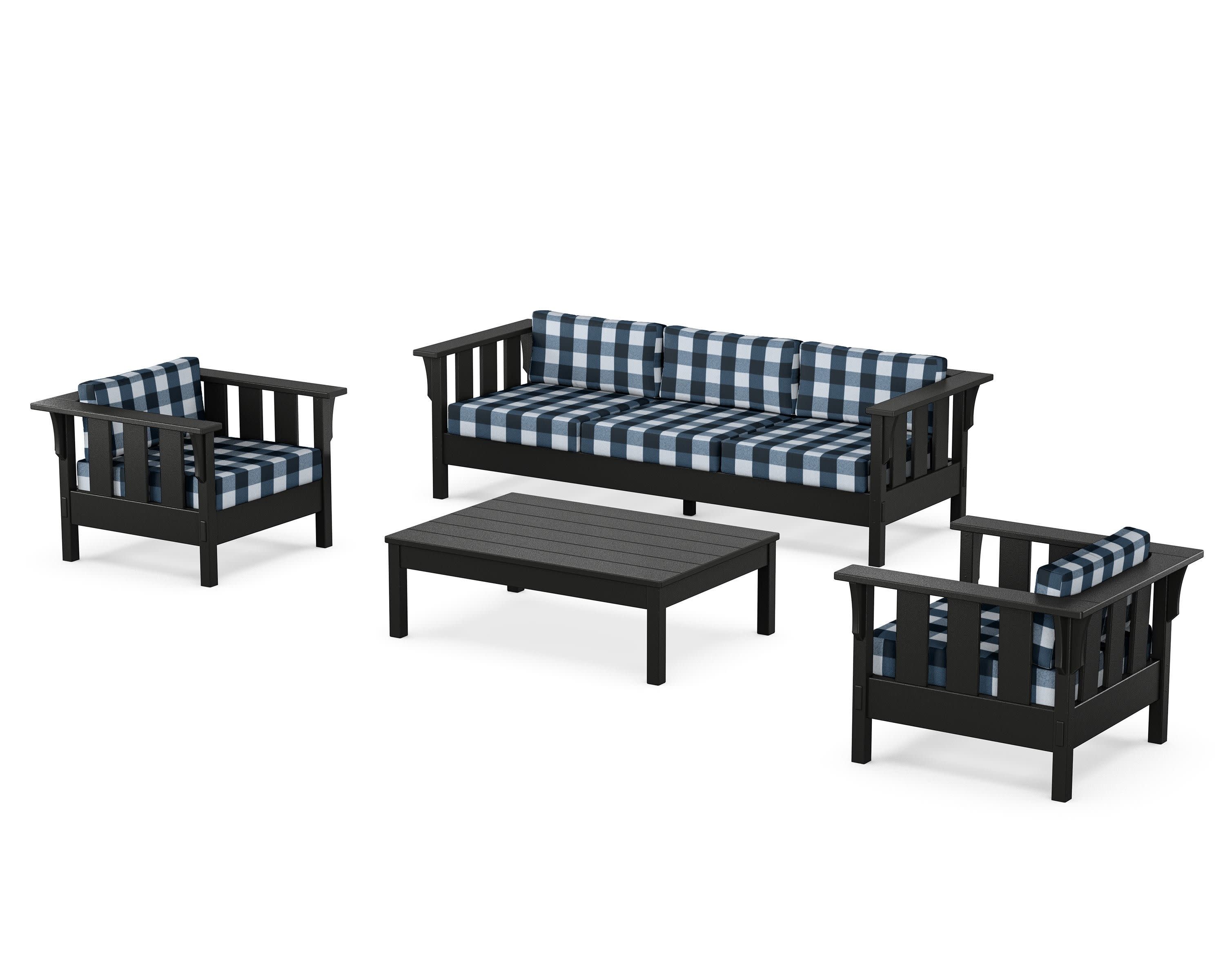 Acadia 4-Piece Deep Seating Set with Sofa in Black / Buffalo Plaid Marine Indigo