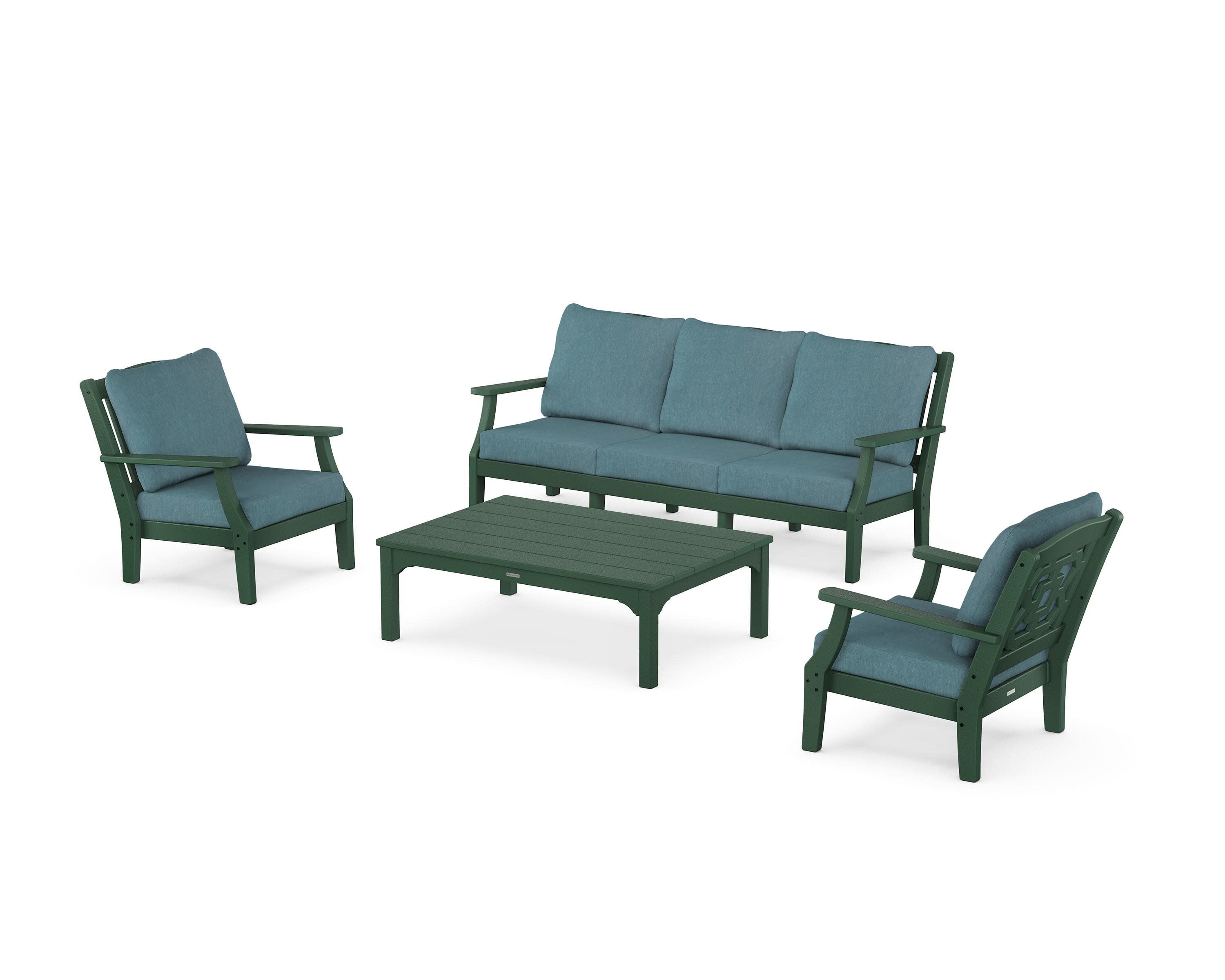 Chinoiserie 4-Piece Deep Seating Set with Sofa in Green / Ocean Teal