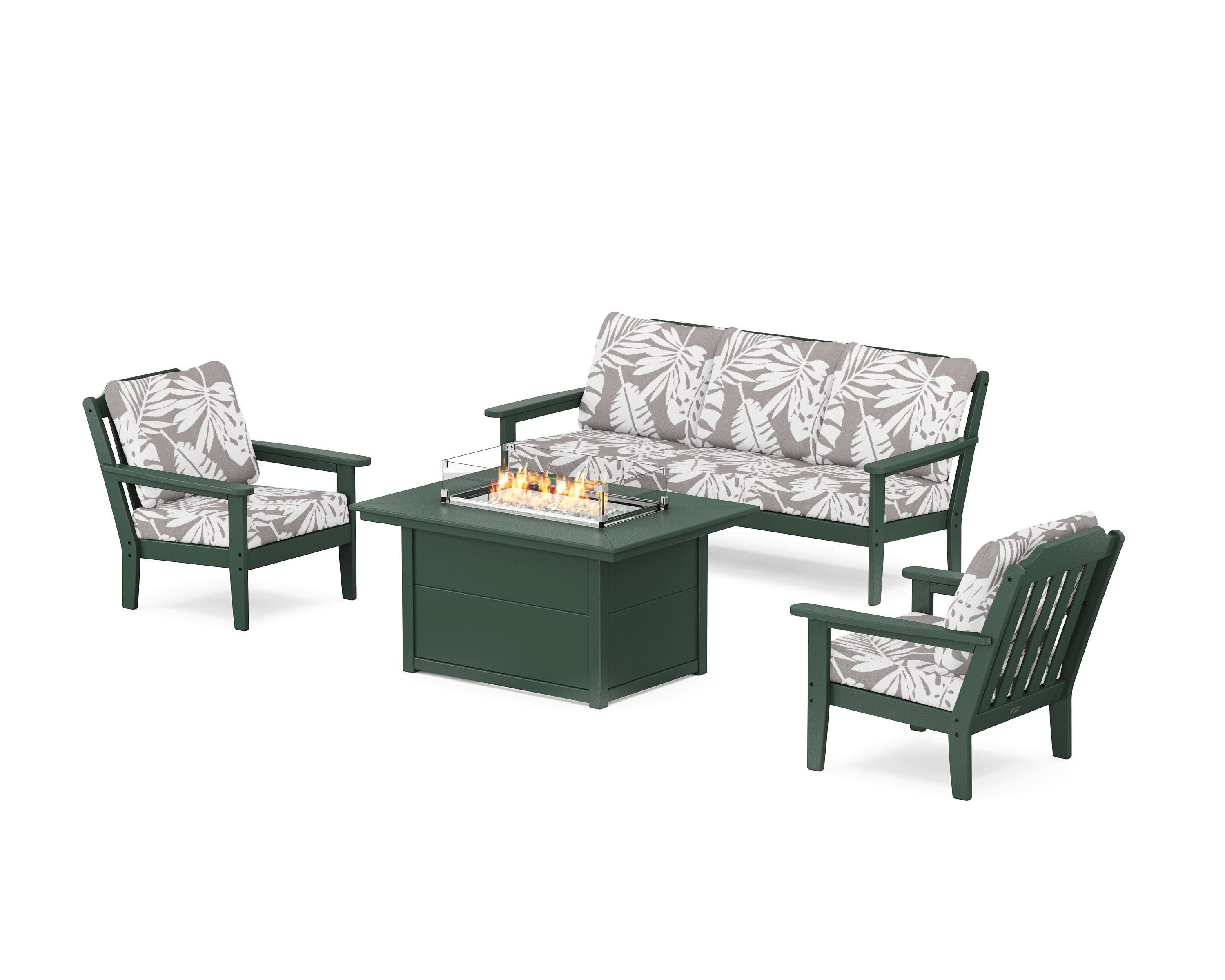 Cottage Deep Seating Fire Pit Table Set in Green / Leaf Grey Mist