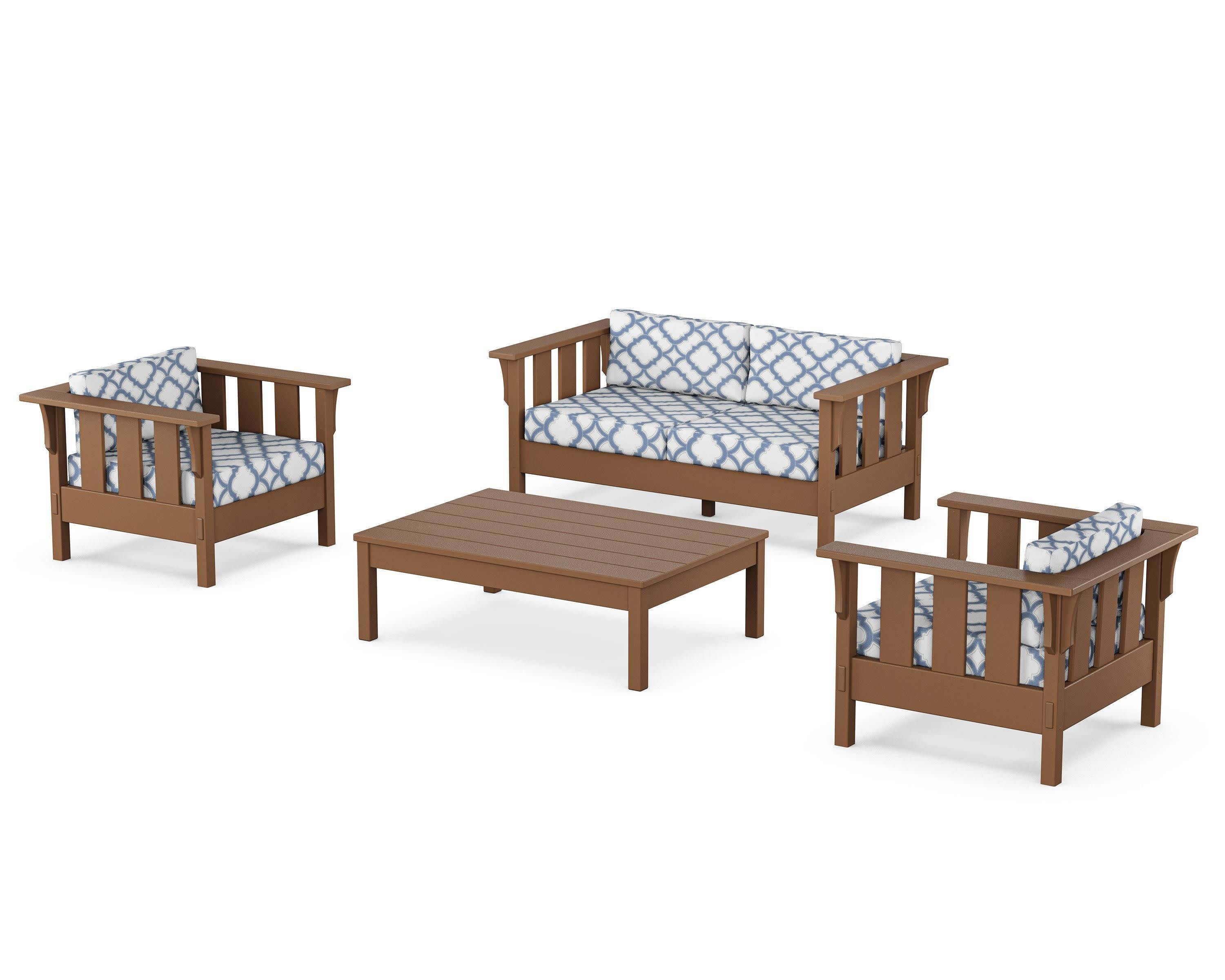 Acadia 4-Piece Deep Seating Set with Loveseat in Teak / Trellis Sky Blue