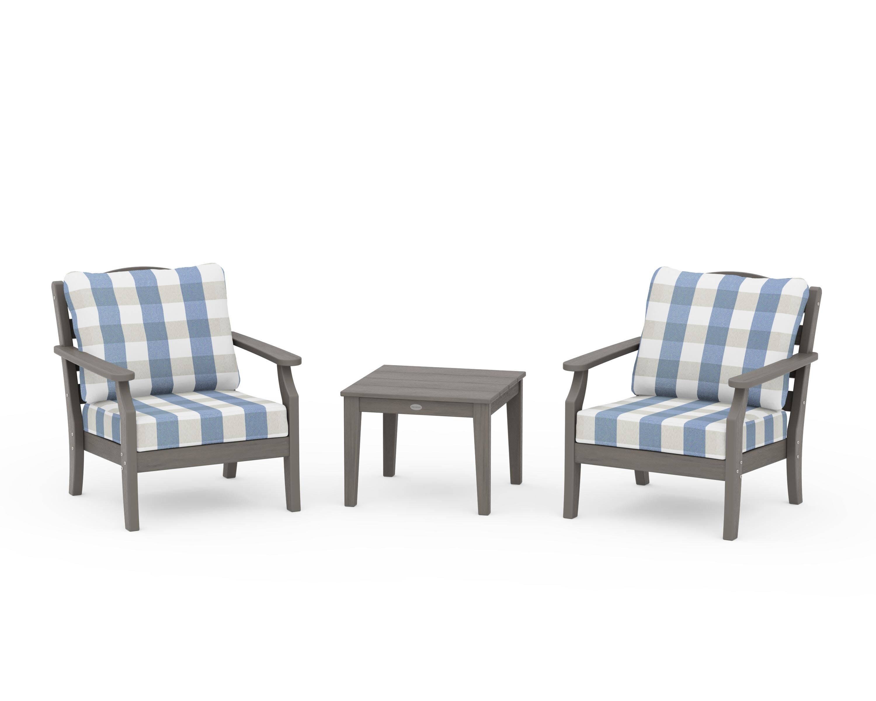 Savannah 3-Piece Deep Seating Set in Driftwood / Buffalo Plaid Sky Blue