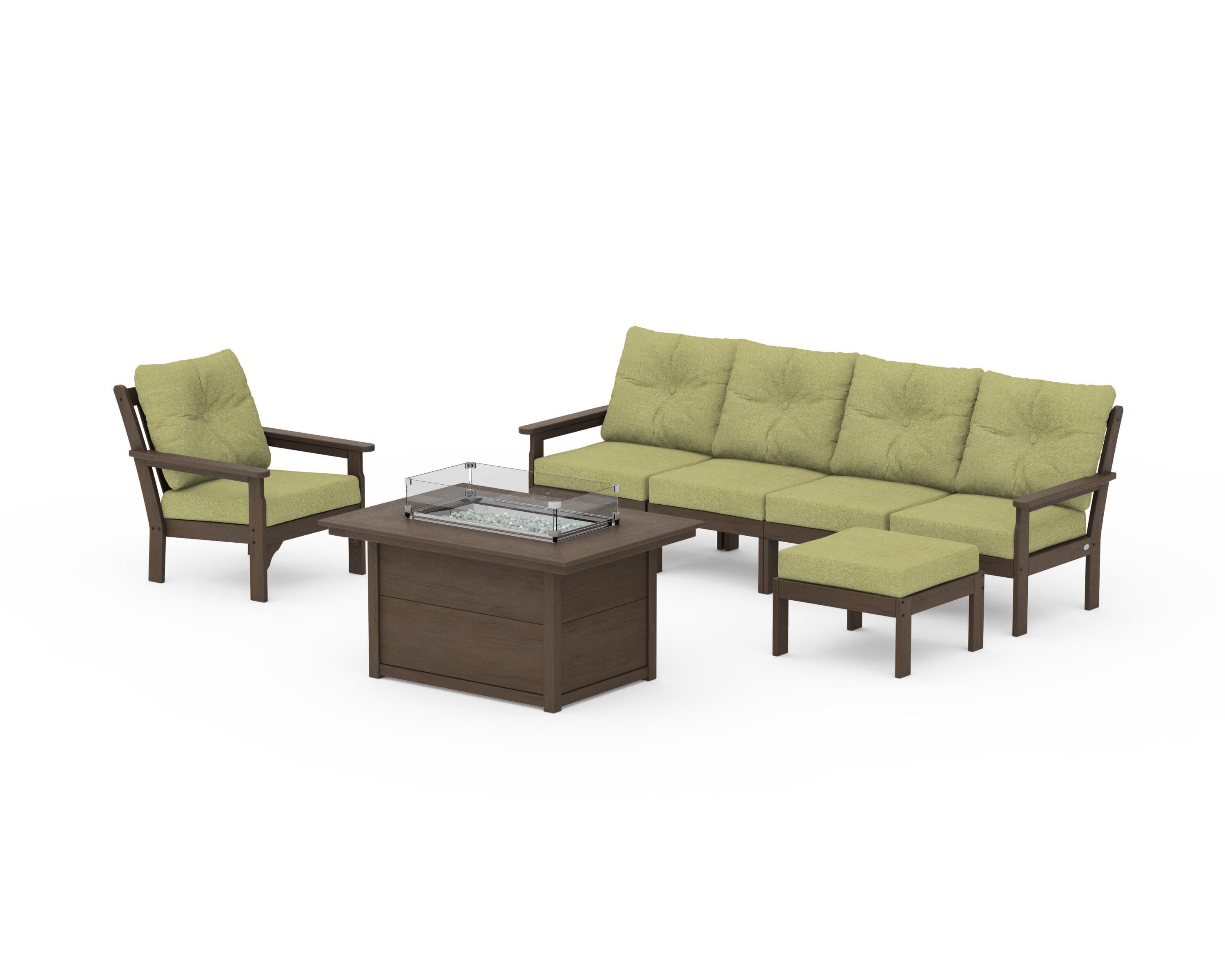 Vineyard Sectional Lounge and Fire Pit Set in Kona / Chartreuse Boucle