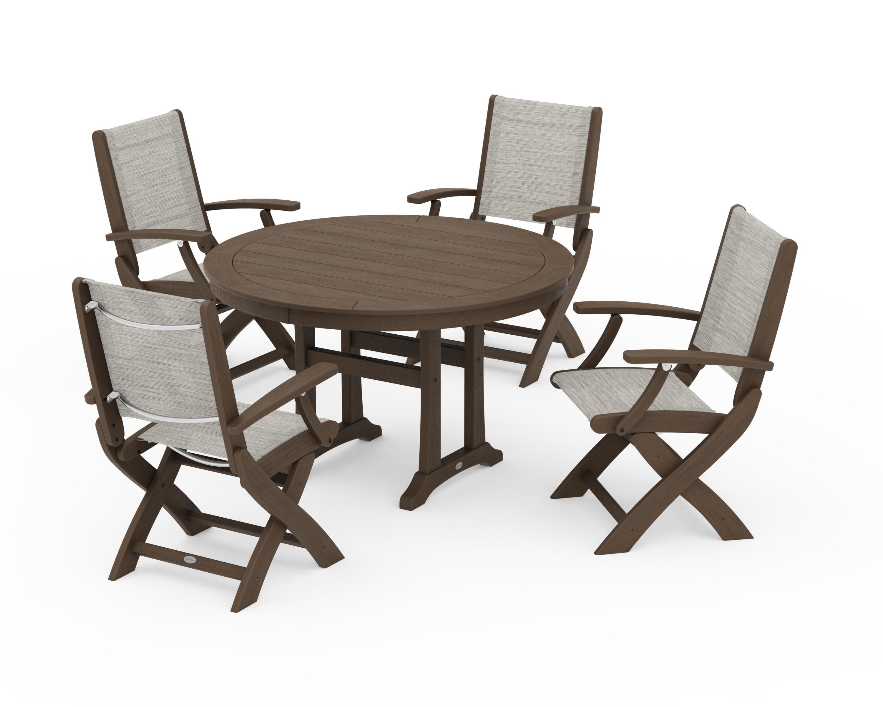 Coastal Folding Chair 5-Piece Round Dining Set with Trestle Legs in Kona / Birch Sling