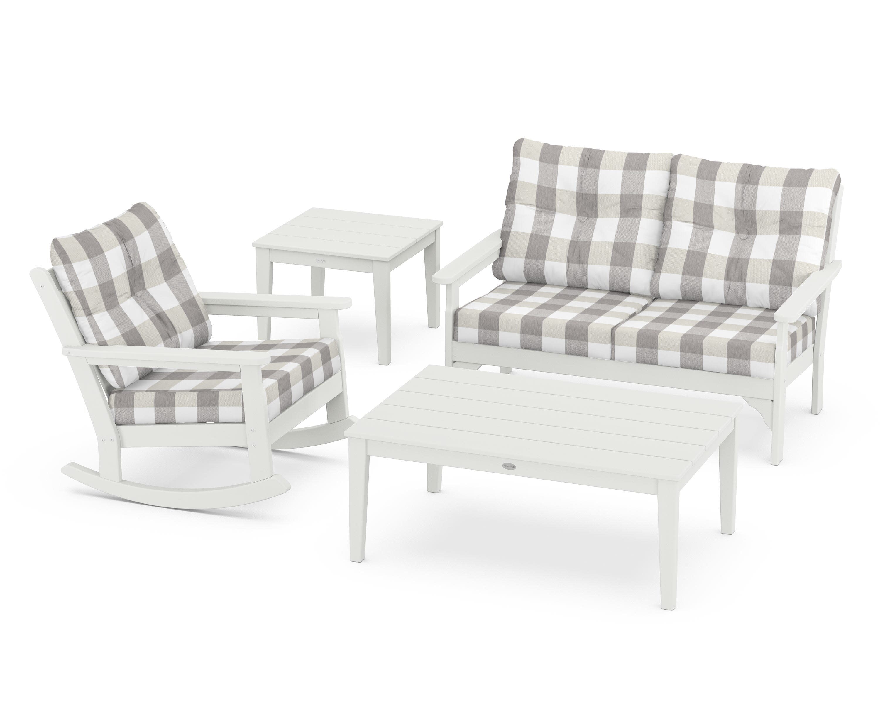Vineyard 4-Piece Deep Seating Rocker Set in Vintage White / Buffalo Plaid Grey Mist