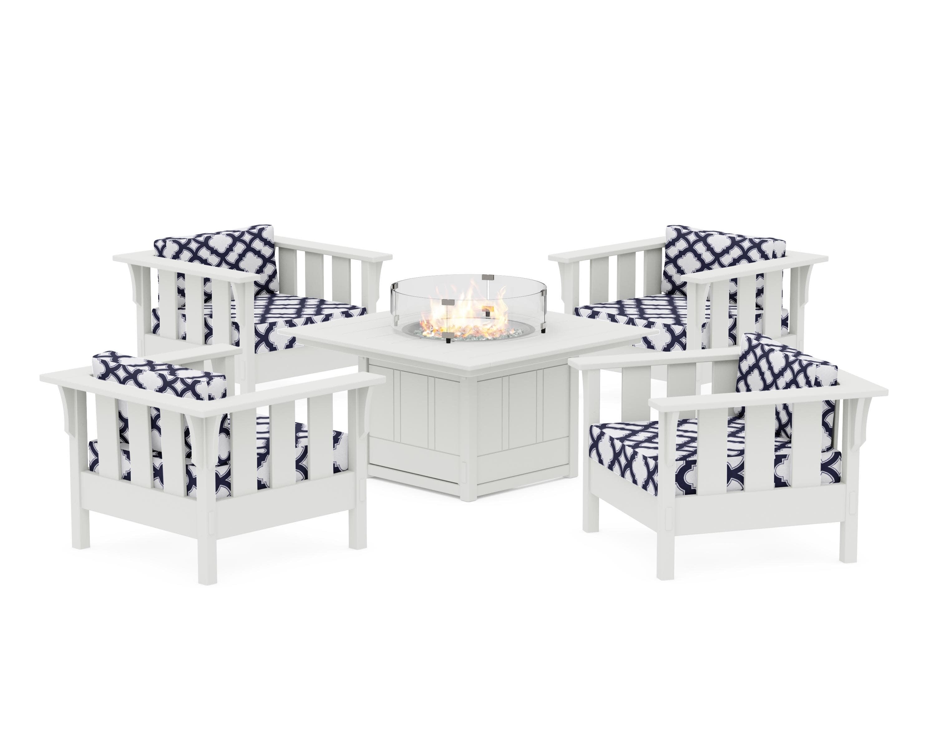 Acadia 5-Piece Deep Seating Set with Fire Pit Table in White / Trellis Navy