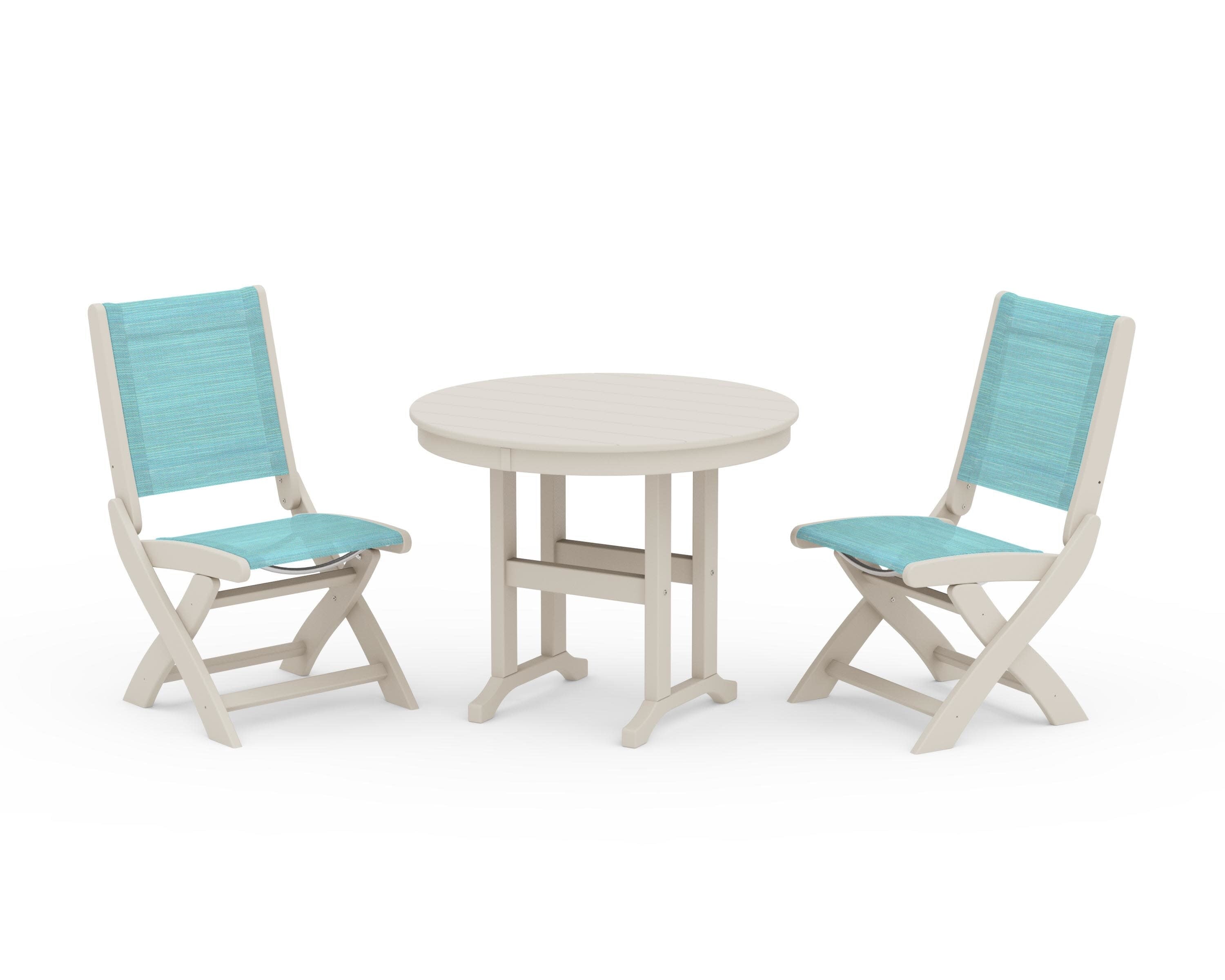Coastal Folding Side Chair 3-Piece Round Dining Set in Sand / Dupioni Aquamarine Sling