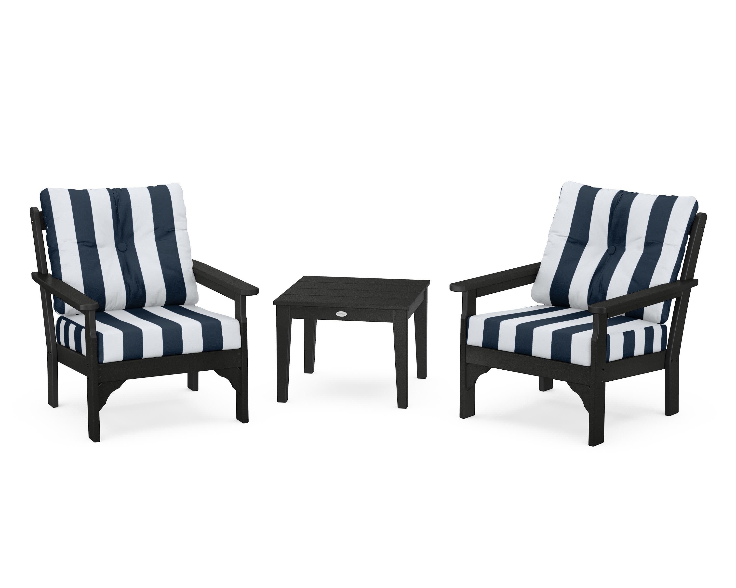 Vineyard 3-Piece Deep Seating Set in Black / Cabana Stripe Marine Indigo