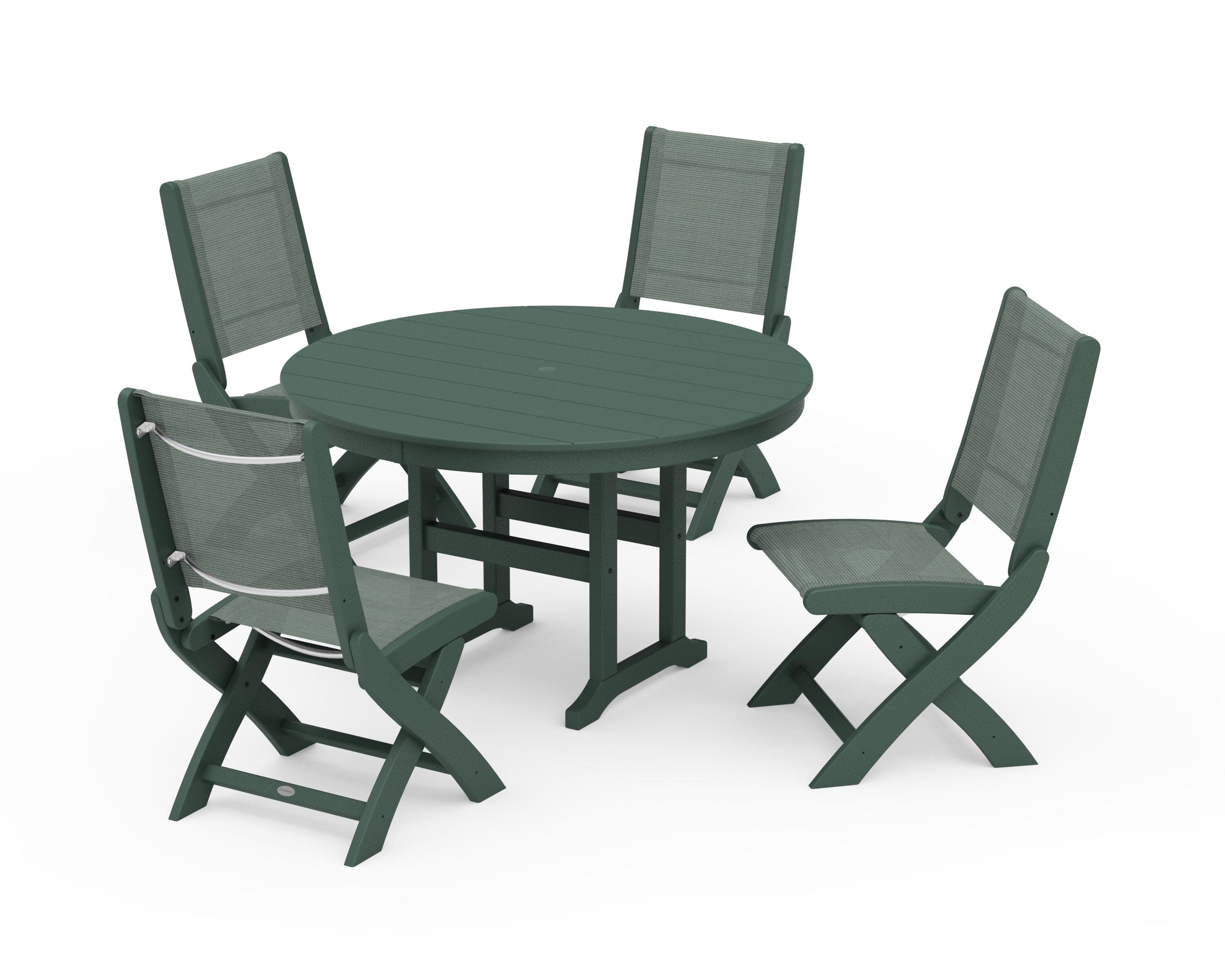 Coastal Folding Side Chair 5-Piece Round Dining Set in Green / Dupioni Sea Mist Sling