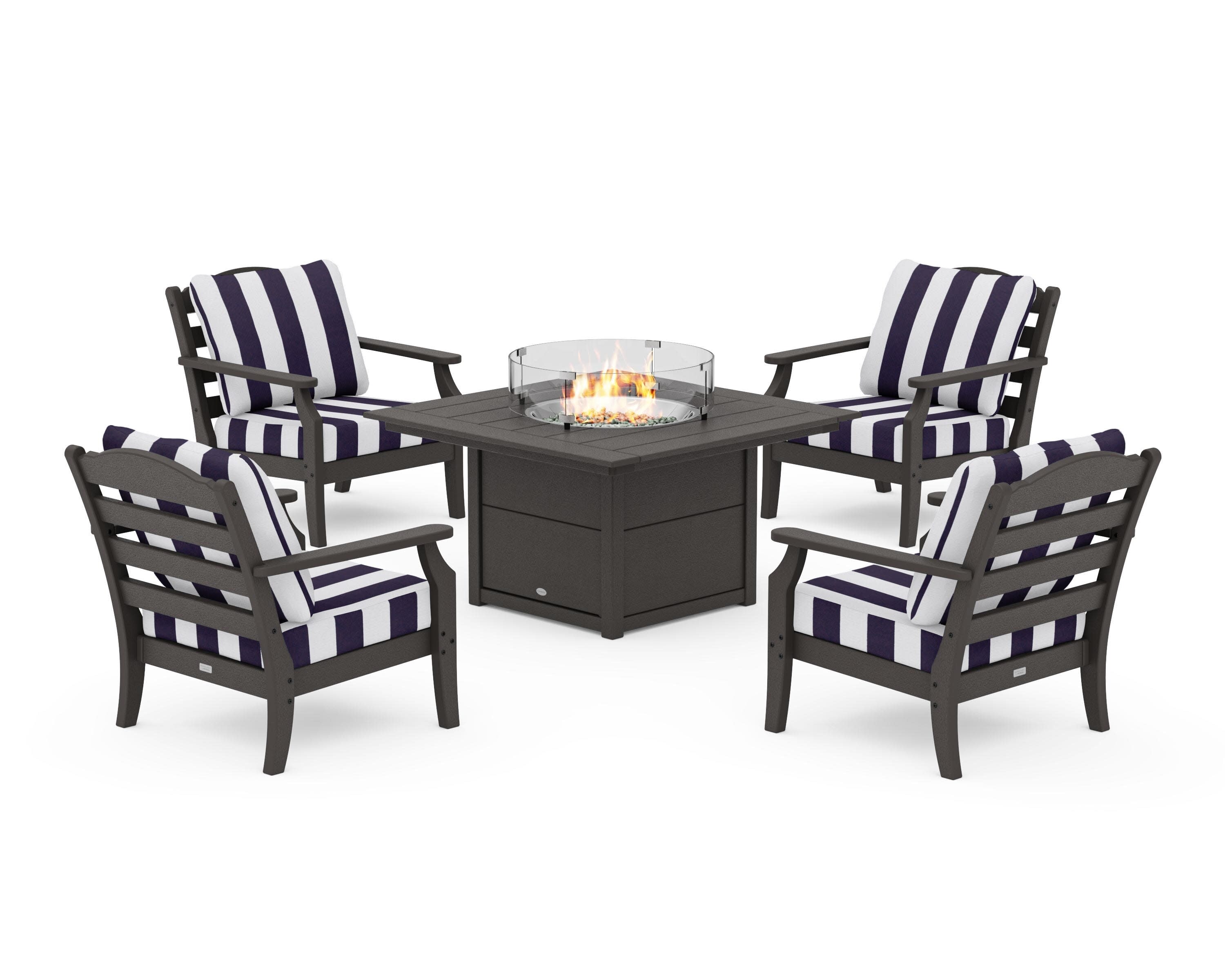 Savannah 5-Piece Deep Seating Set with Fire Pit Table in Vintage Coffee / Cabana Stripe Navy