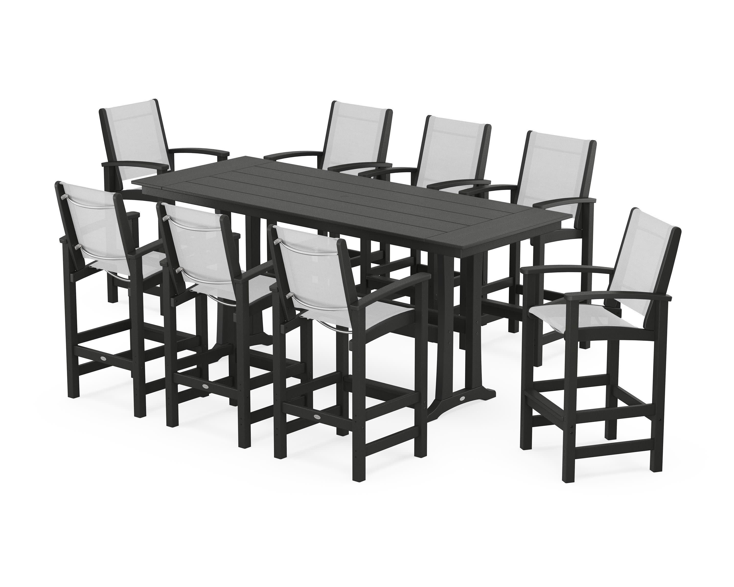 Coastal 9-Piece Farmhouse Bar Set with Trestle Legs in Black / White Sling