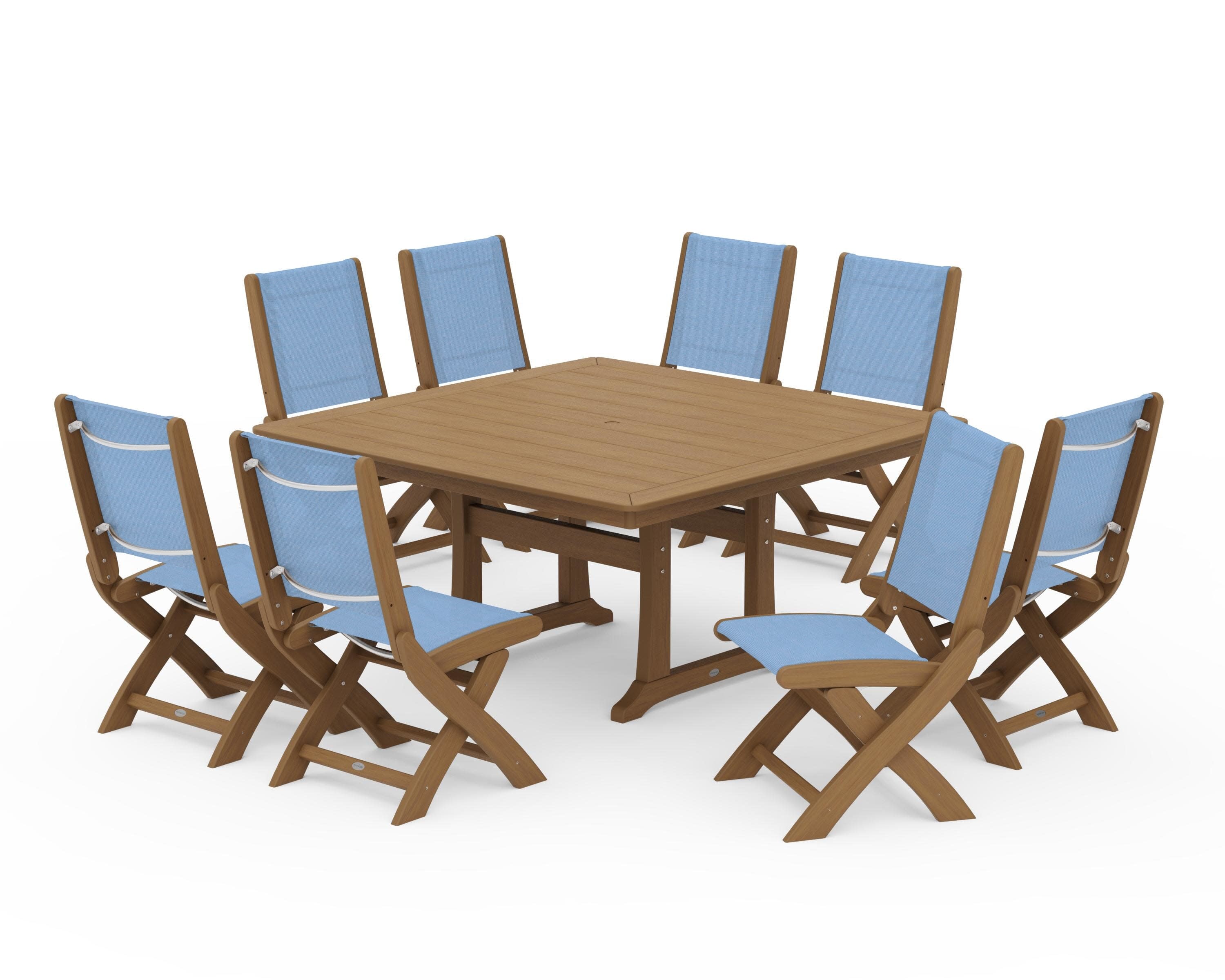 Coastal Folding Side Chair 9-Piece Dining Set with Trestle Legs in Natural / Poolside Sling