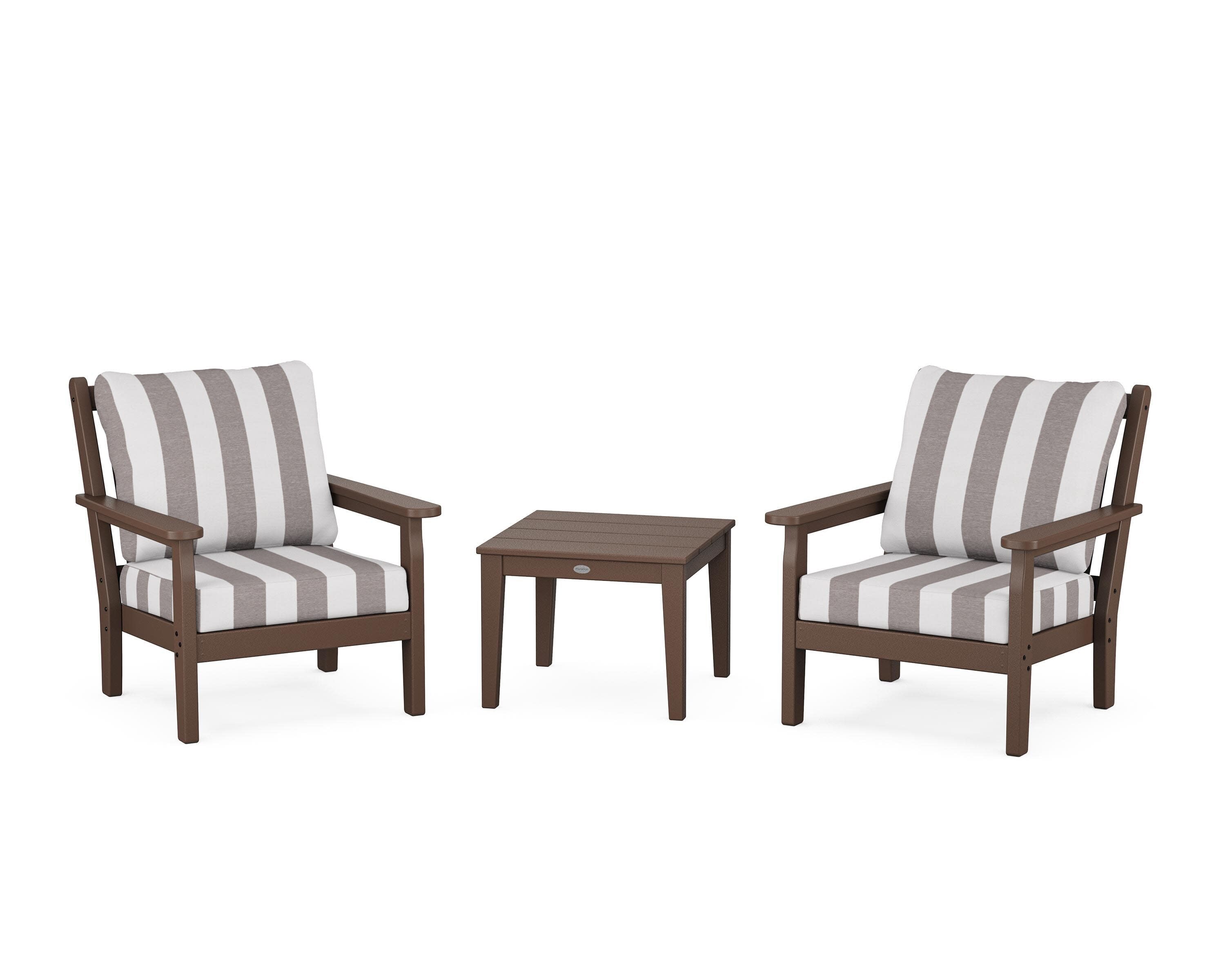 Chippendale 3-Piece Deep Seating Set in Mahogany / Cabana Stripe Grey Mist