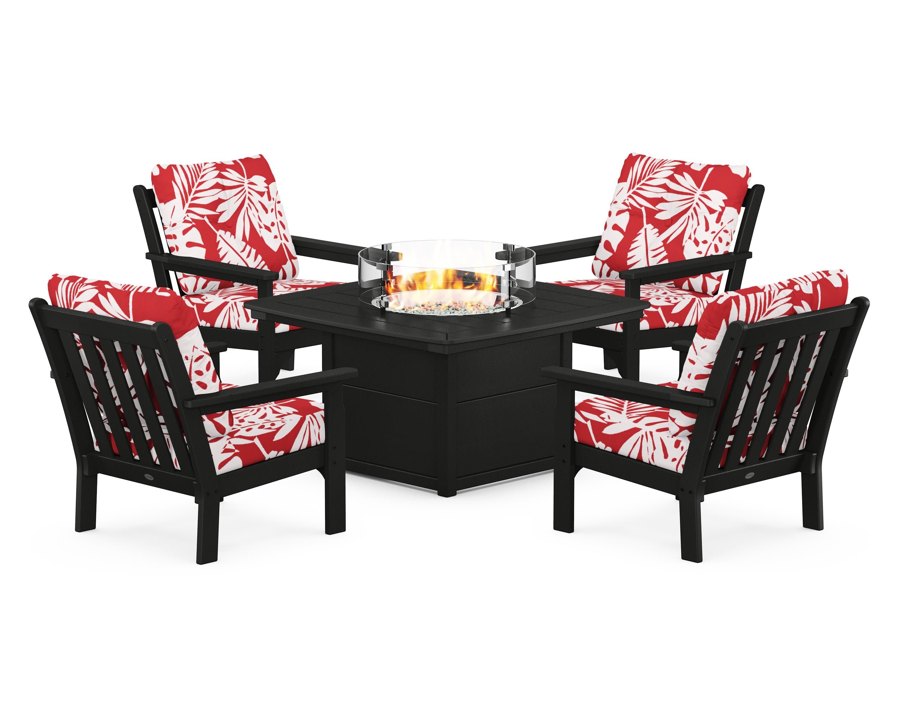 Vineyard 5-Piece Conversation Set with Fire Pit Table in Black / Leaf Crimson