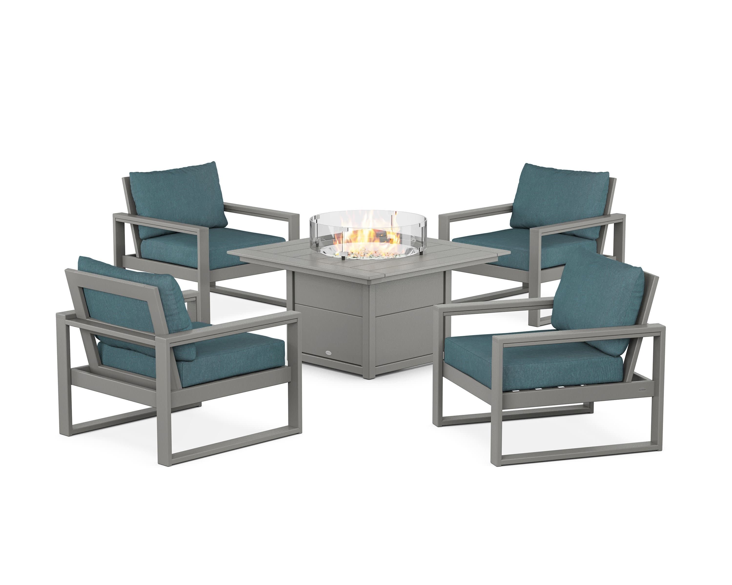 EDGE Sectional 5-Piece Deep Seating Set with Fire Pit Table in Slate Grey / Ocean Teal