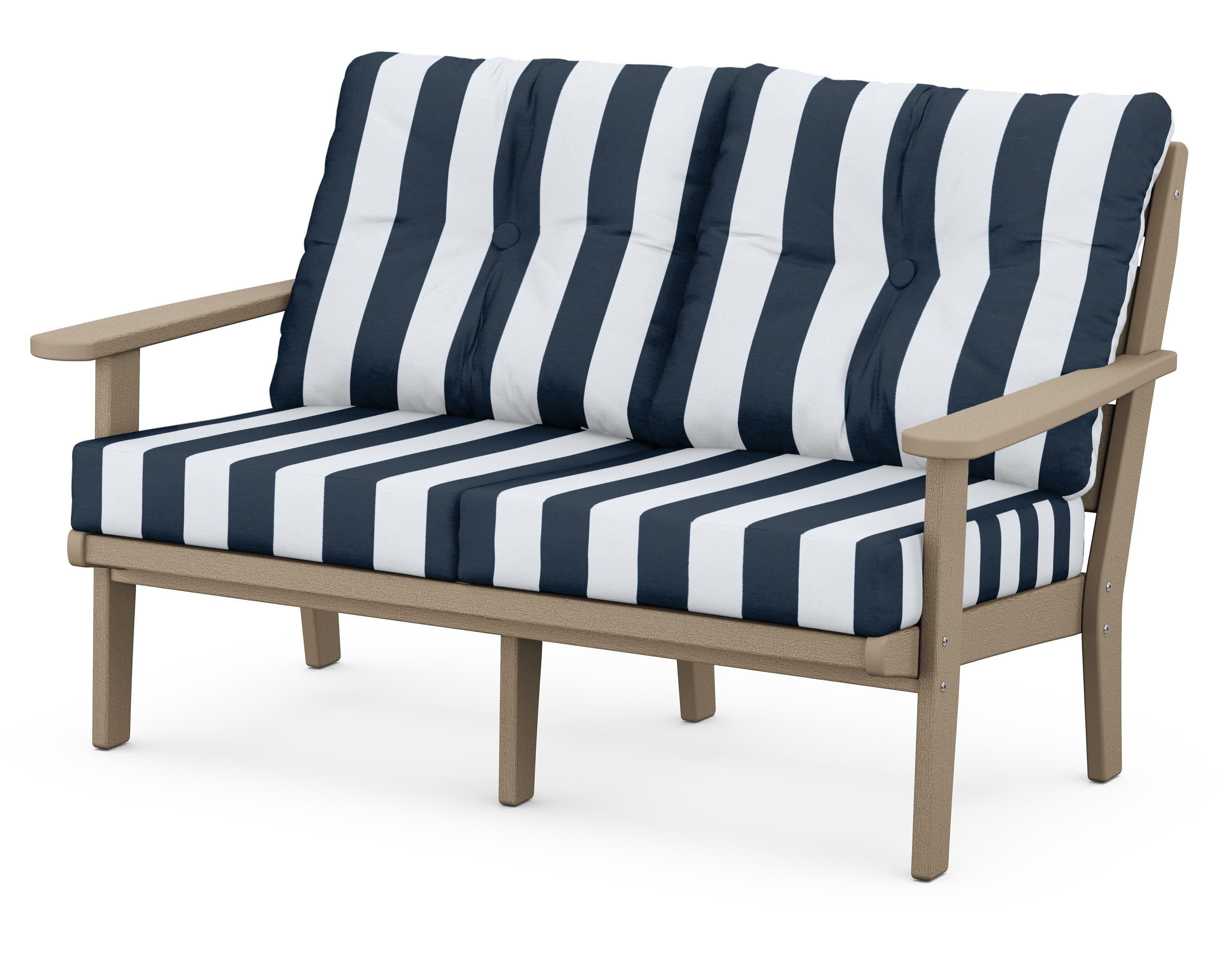 Lakeside Deep Seating Loveseat in Vintage Sahara / Cabana Stripe Marine Indigo