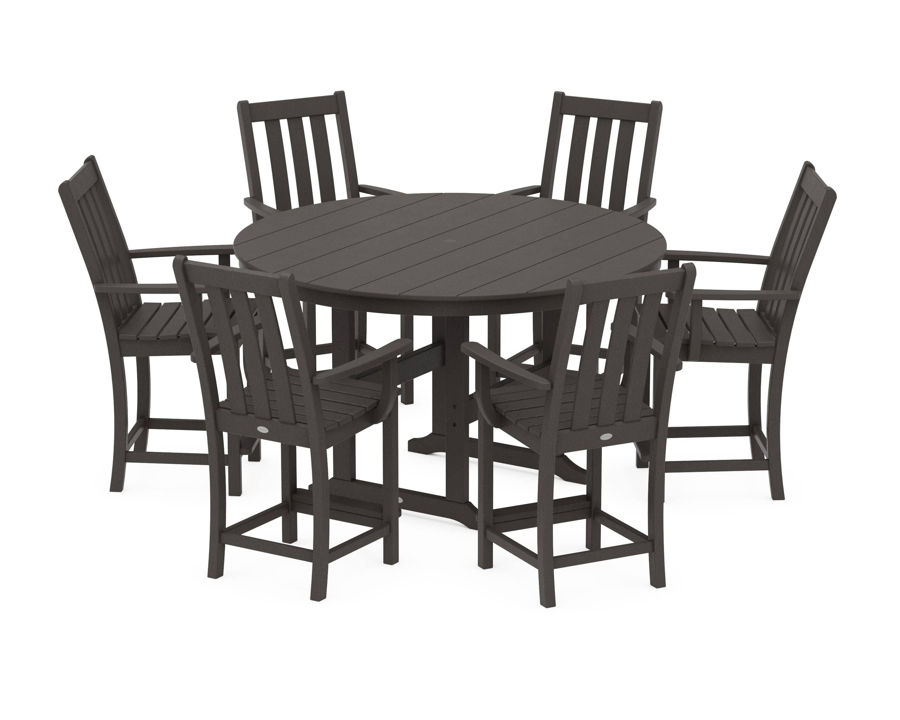 Vineyard 7-Piece Arm Chair Round Farmhouse Counter Set in Vintage Coffee