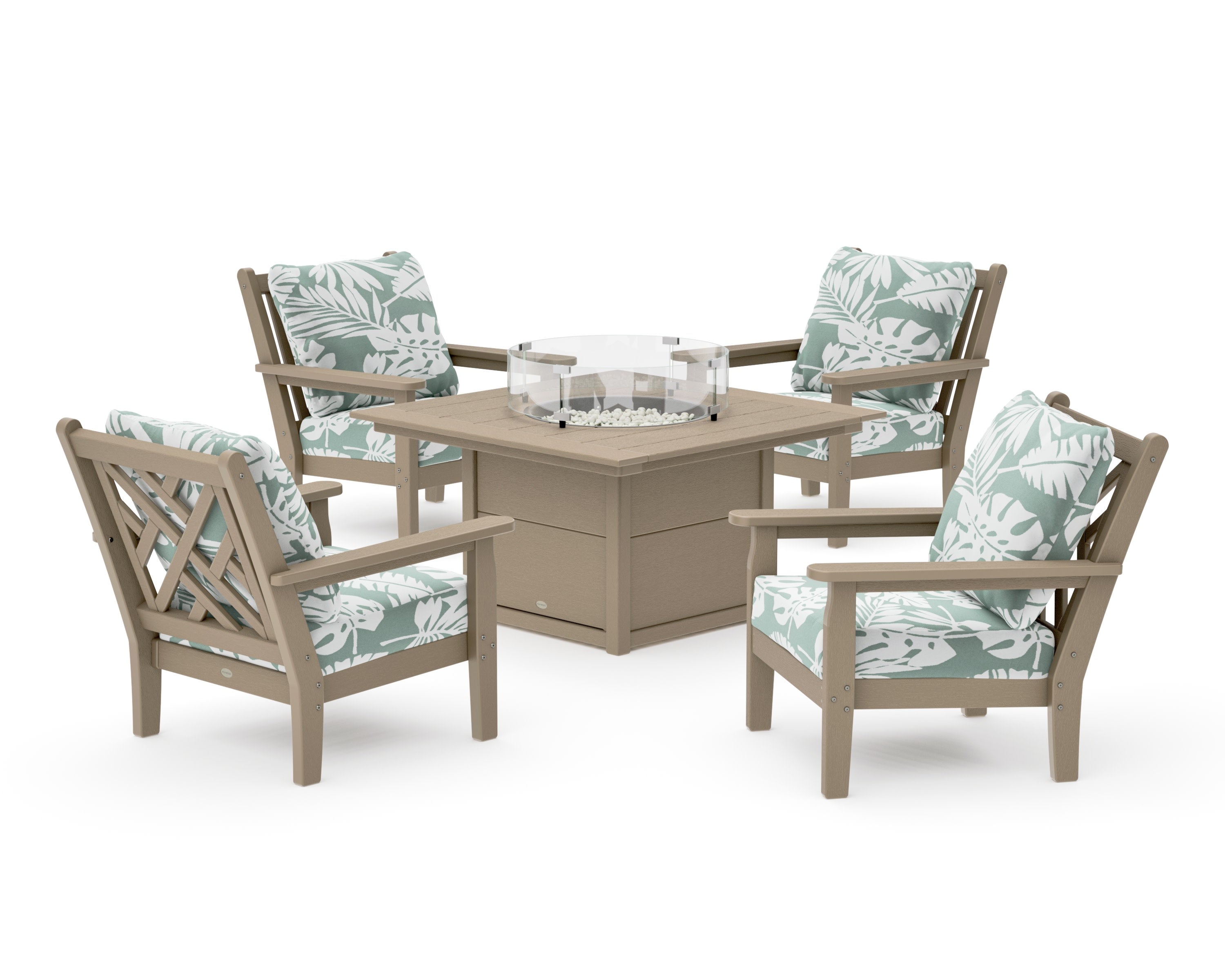 Chippendale 5-Piece Deep Seating Set with Fire Pit Table in Vintage Sahara / Leaf Glacier Spa