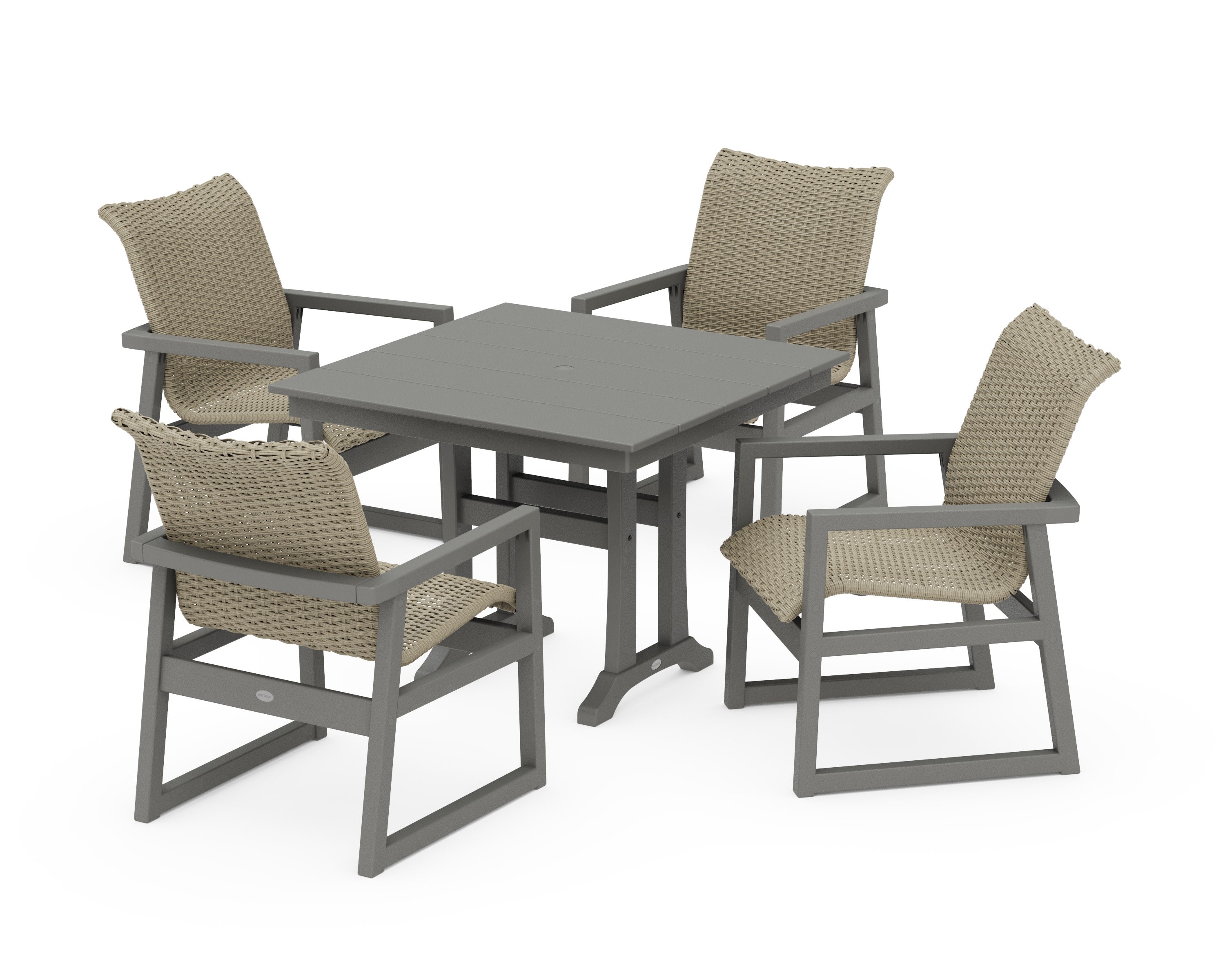 EDGE Woven 5-Piece Farmhouse Dining Set with Trestle Legs in Slate Grey / Dune Grass