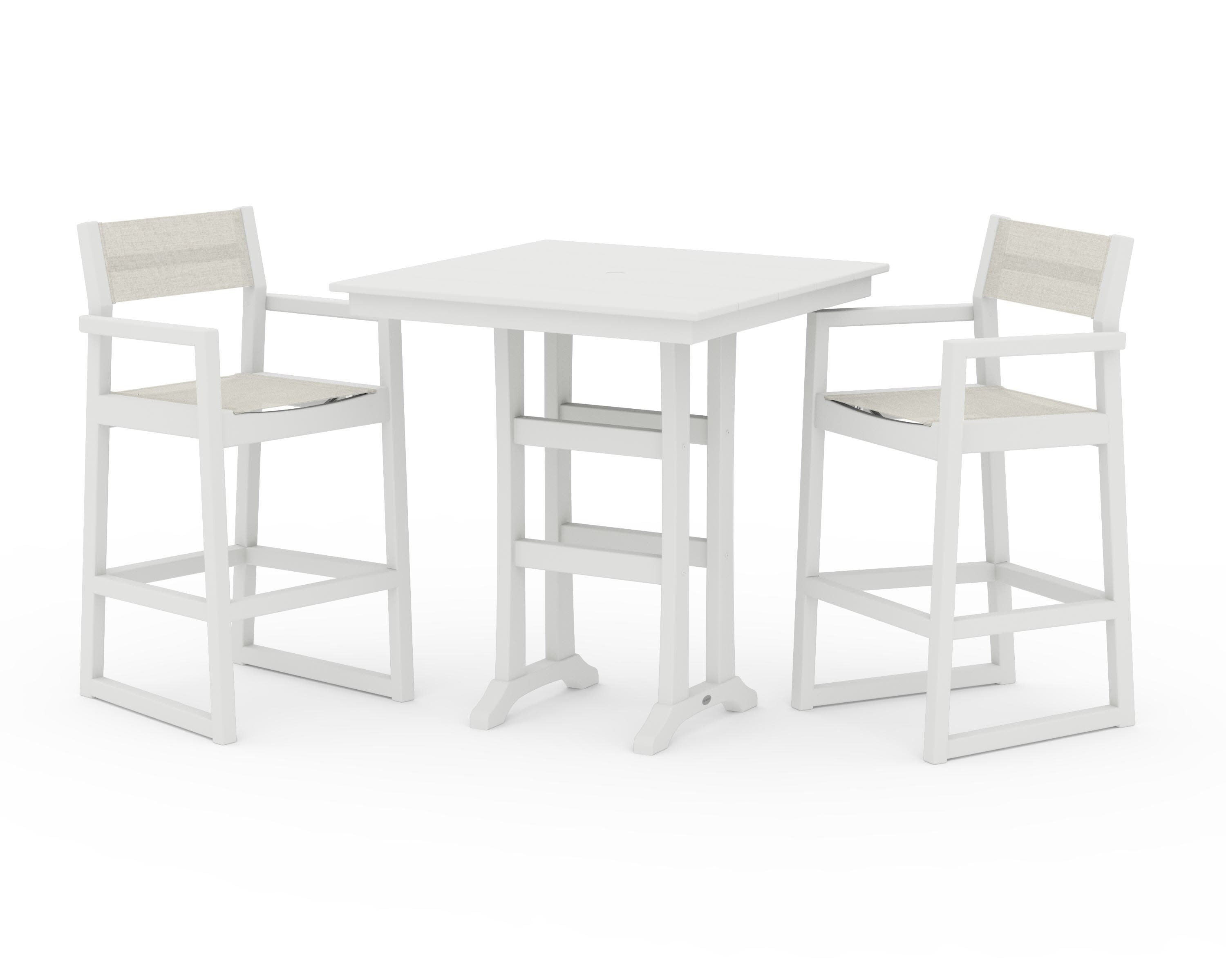 EDGE Sling Arm Chair 3-Piece Farmhouse Bar Set with Trestle Legs in Vintage White / Parchment Sling