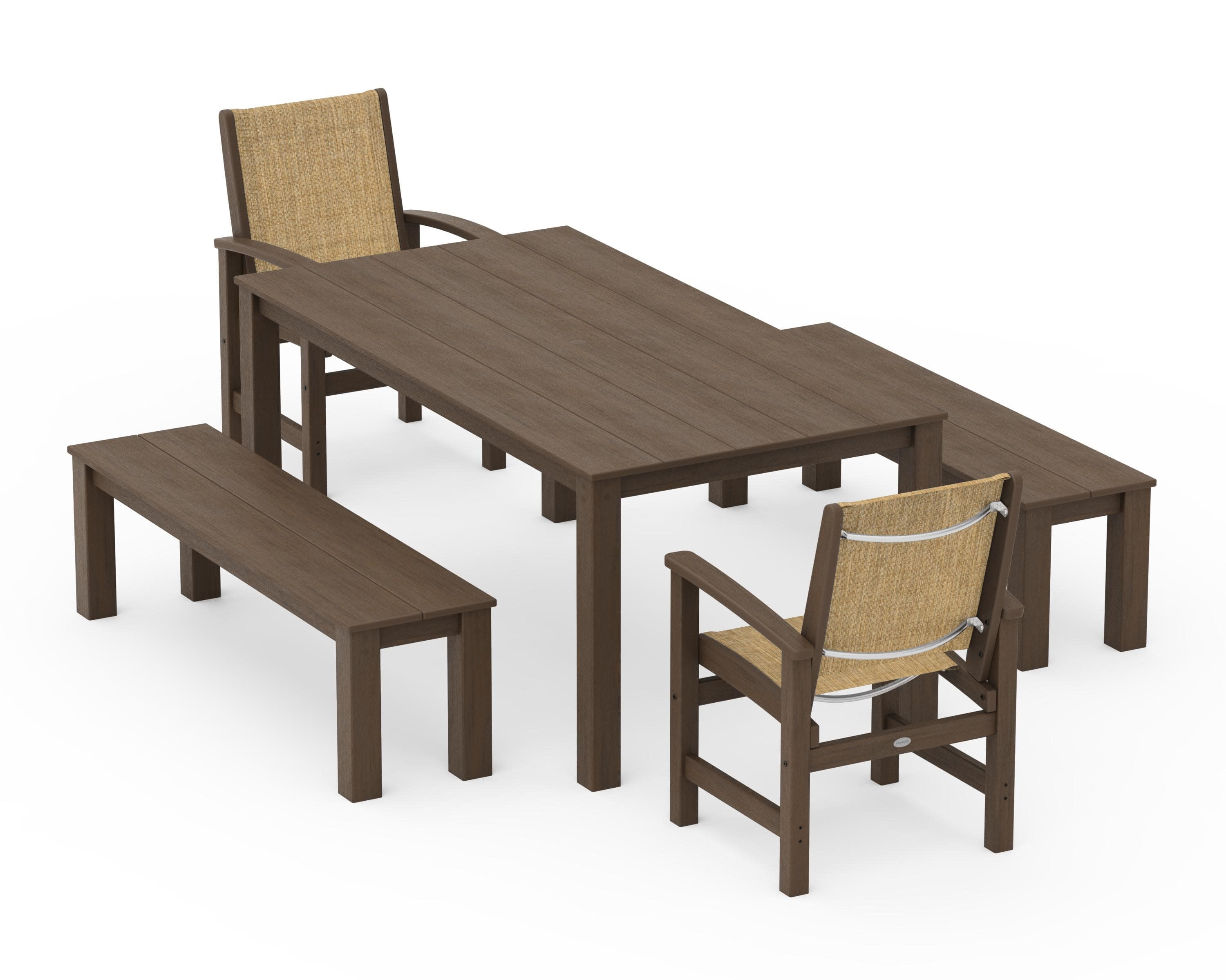 Coastal 5-Piece Parsons Dining Set with Benches in Kona / Burlap Sling