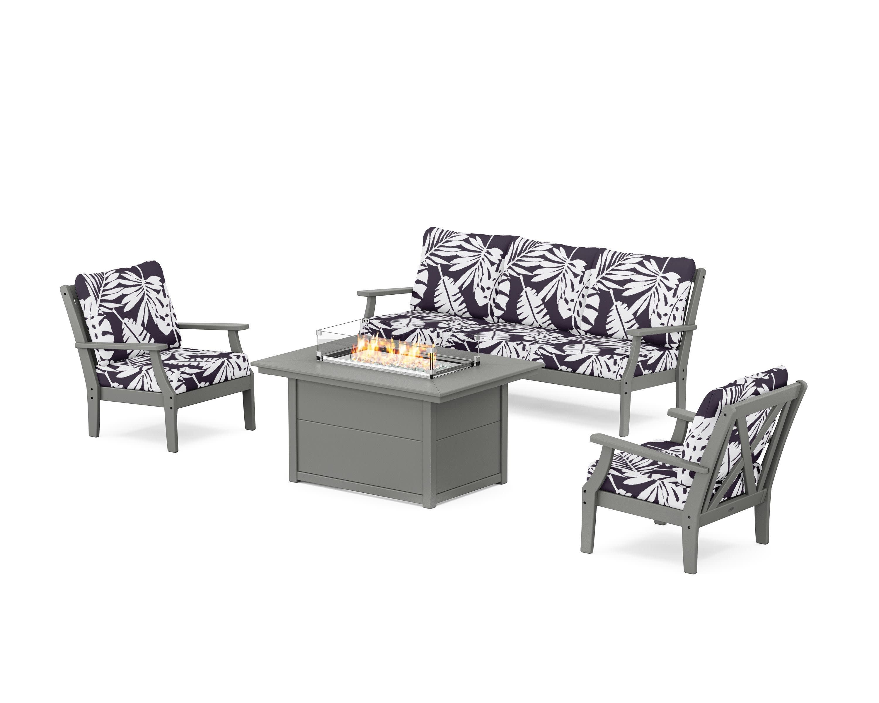 Braxton Deep Seating Fire Pit Table Set in Slate Grey / Leaf Navy
