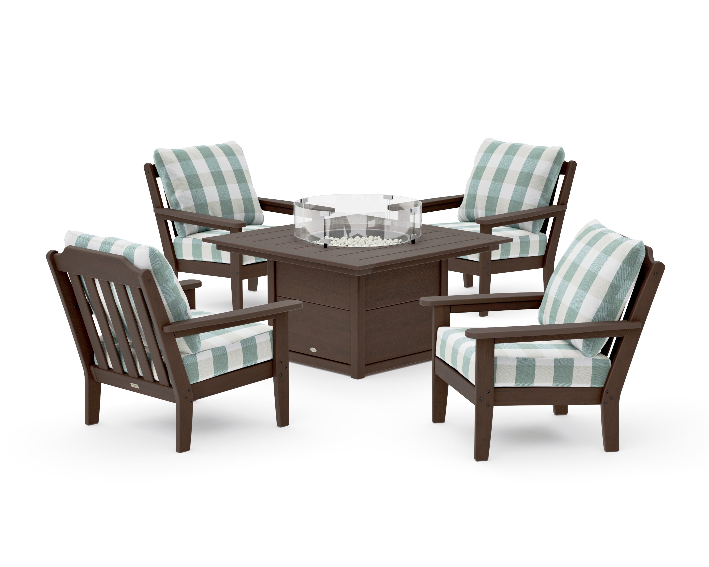 Cottage 5-Piece Deep Seating Set with Fire Pit Table in Kona / Buffalo Plaid Glacier Spa