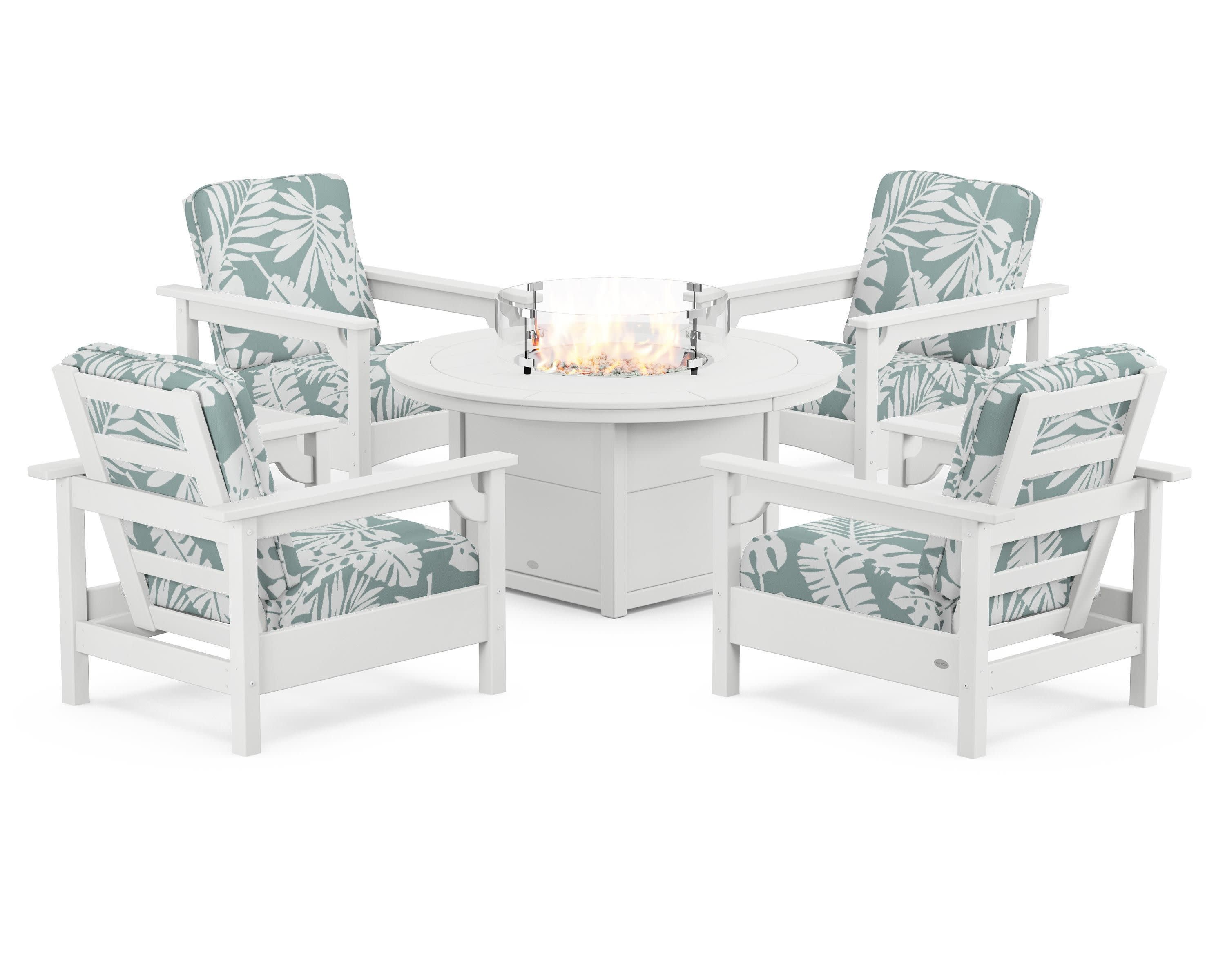 Club 5-Piece Conversation Set with Fire Pit Table in White / Leaf Glacier Spa