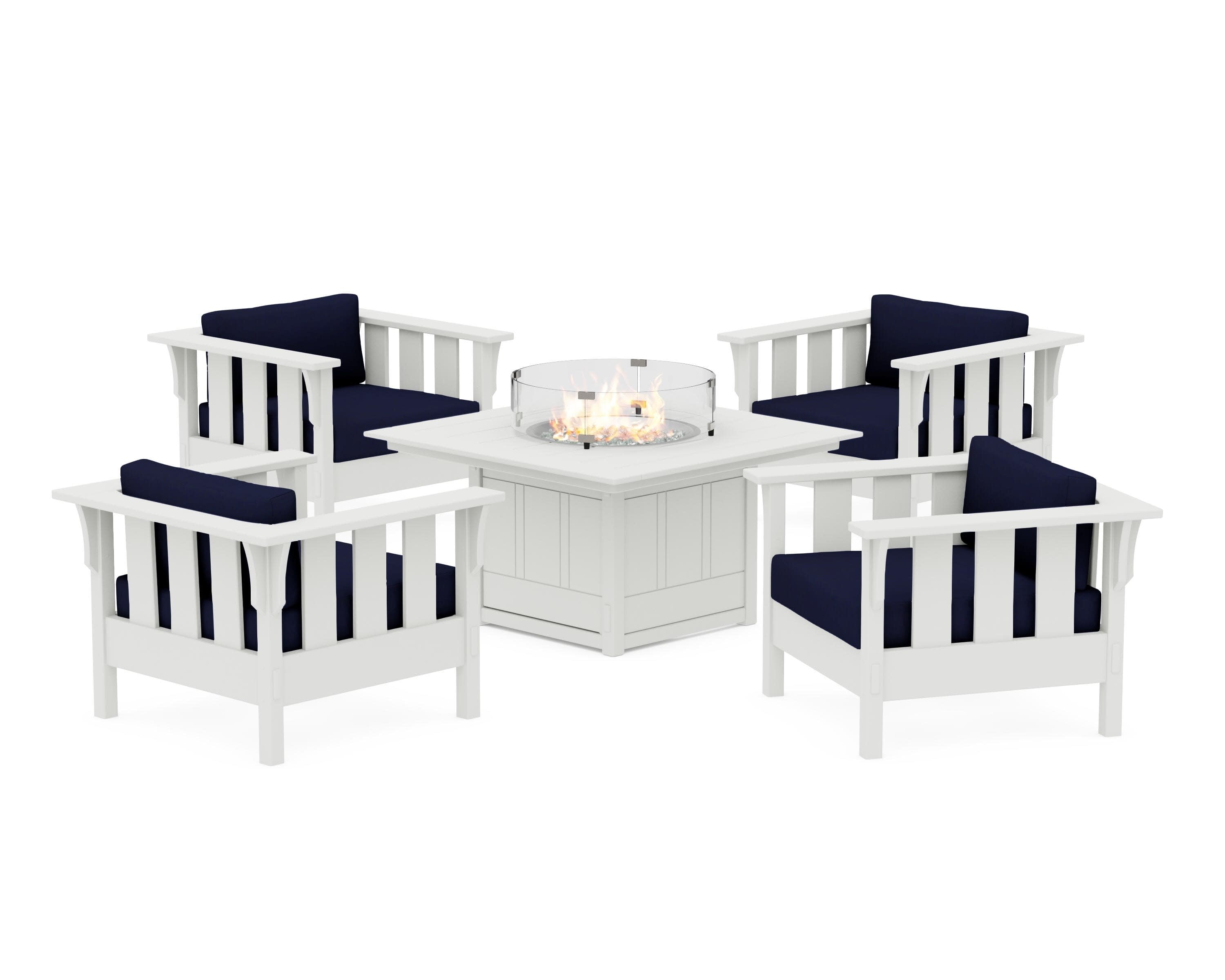 Acadia 5-Piece Deep Seating Set with Fire Pit Table in Vintage White / Navy