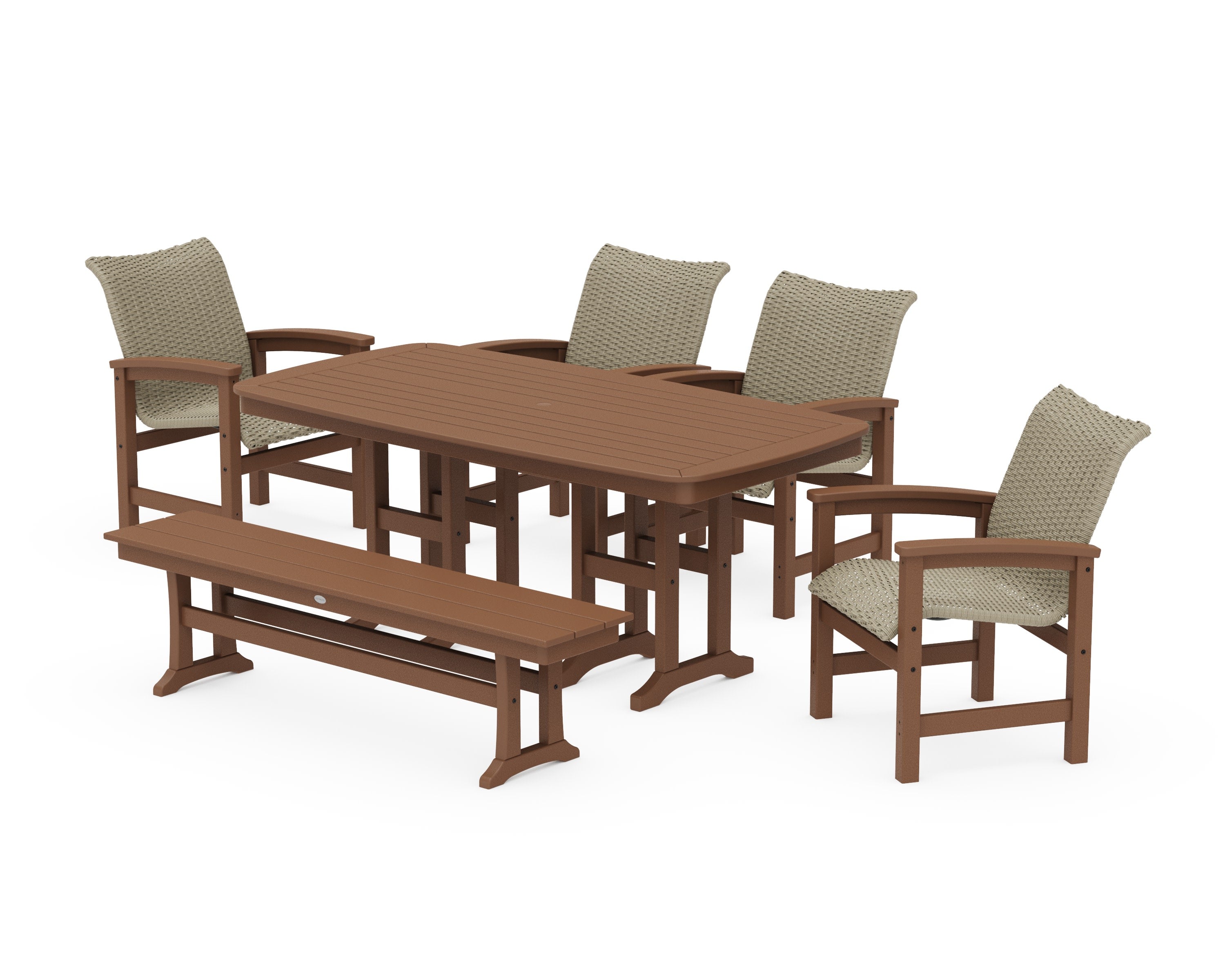 Coastal Woven 6-Piece Farmhouse Dining Set with Bench in Teak / Dune Grass