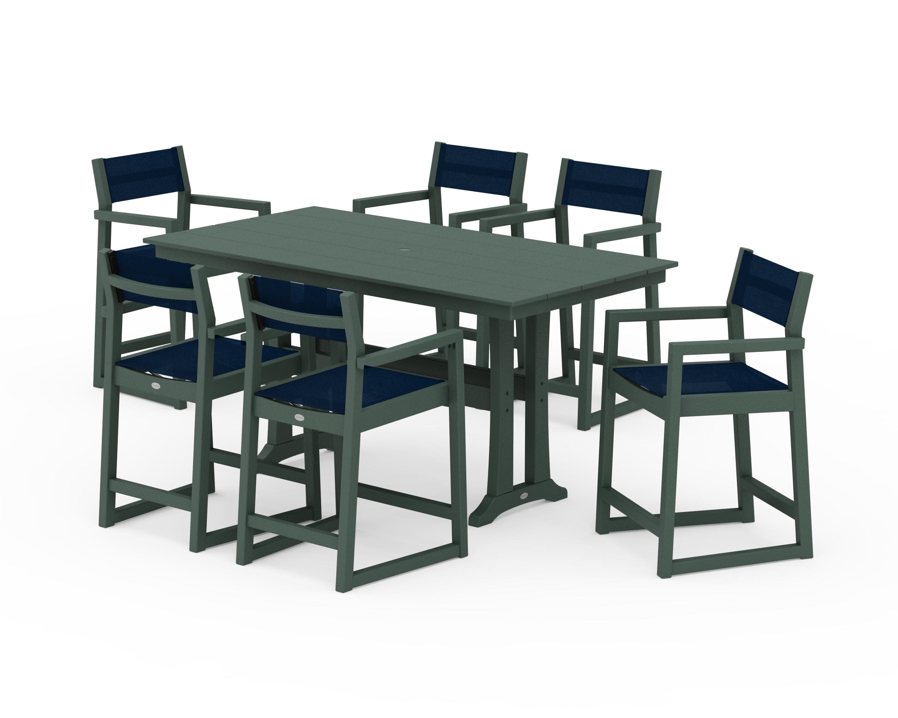 EDGE Sling Arm Chair 7-Piece Farmhouse Counter Set with Trestle Legs in Green / Navy Blue Sling