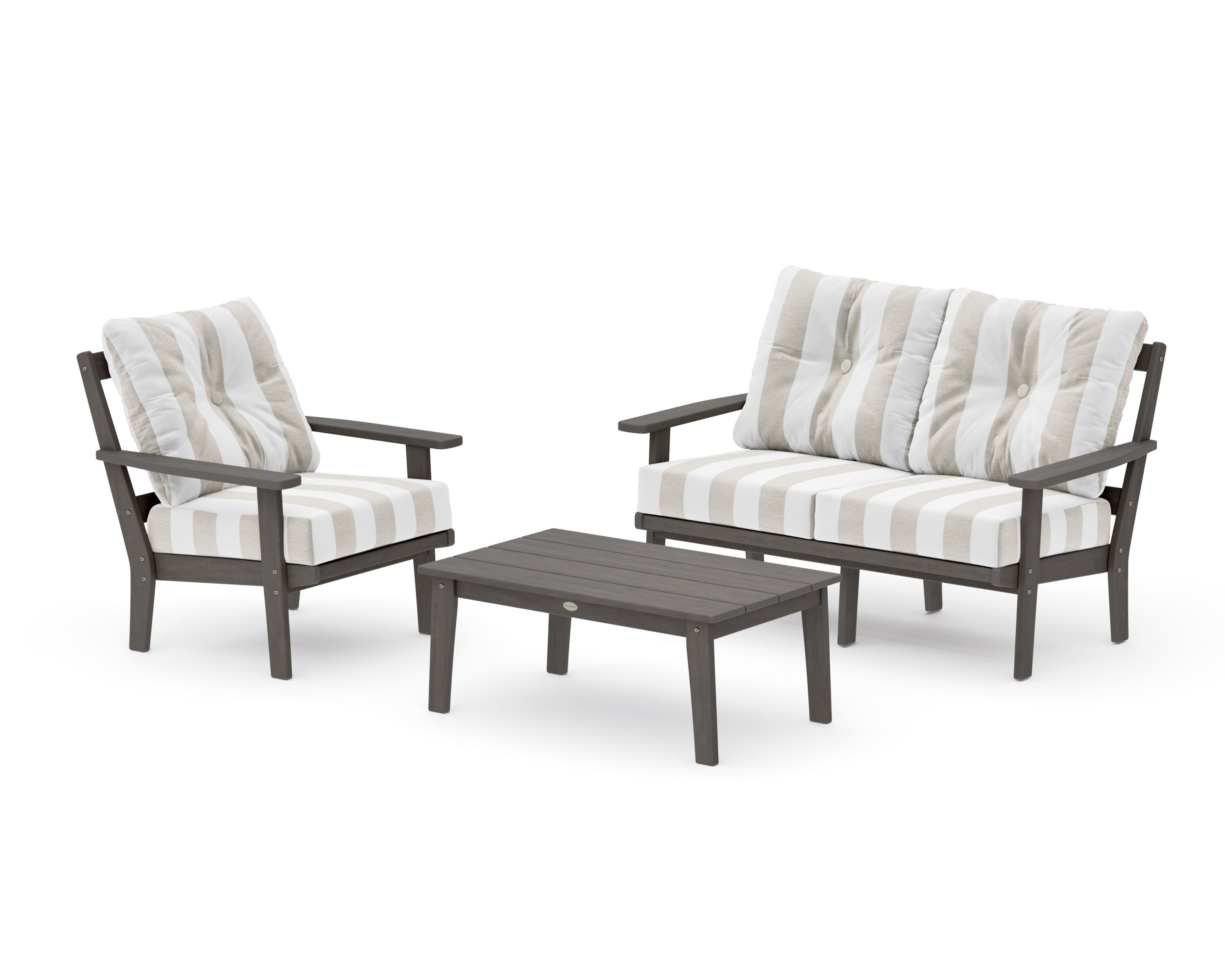 Prairie 3-Piece Deep Seating Set with Loveseat in Driftwood / Cabana Stripe Dune Burlap