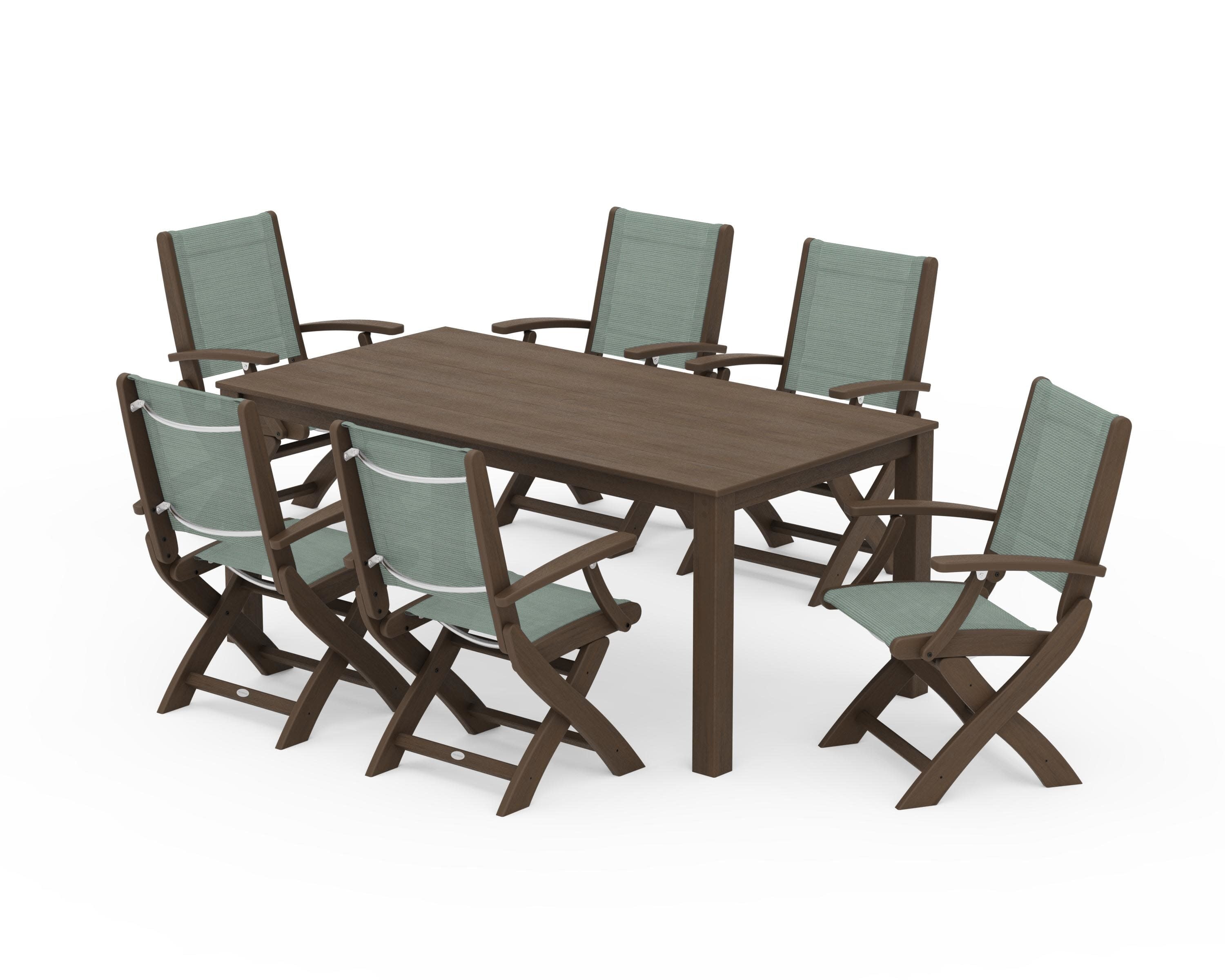 Coastal Folding Chair 7-Piece Parsons Dining Set in Kona / Dupioni Sea Mist Sling