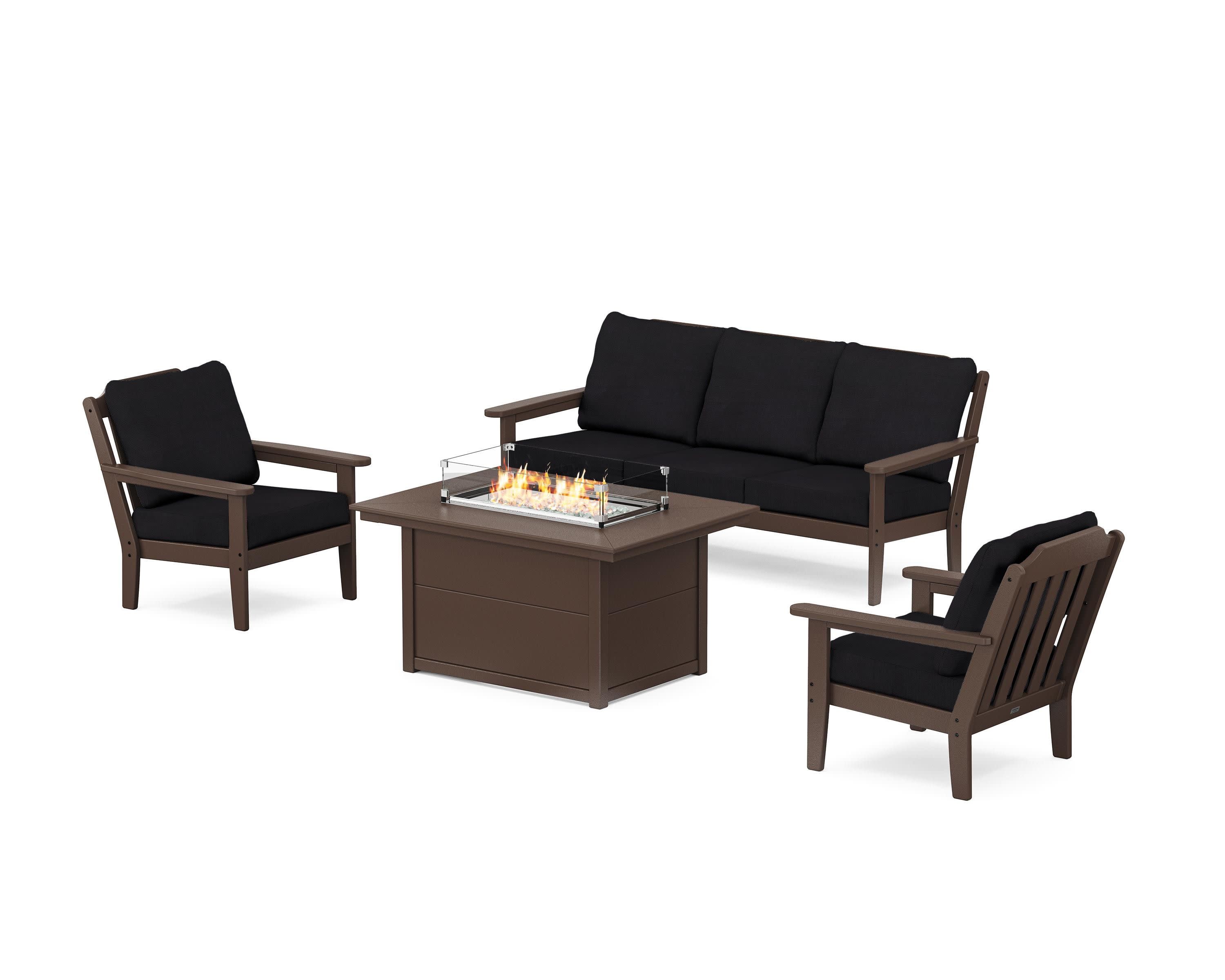 Cottage Deep Seating Fire Pit Table Set in Mahogany / Midnight Linen