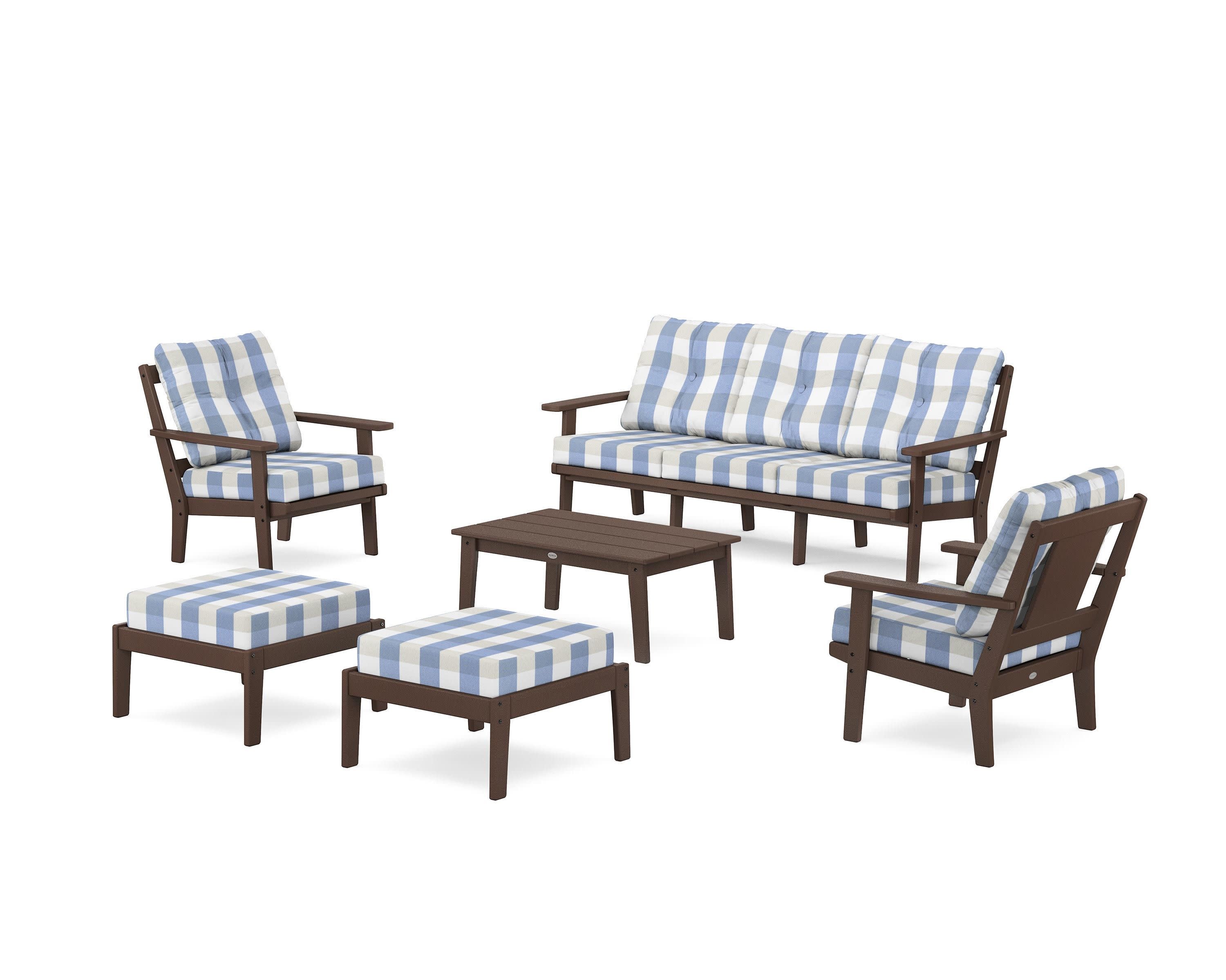 Prairie 6-Piece Lounge Sofa Set in Mahogany / Buffalo Plaid Sky Blue