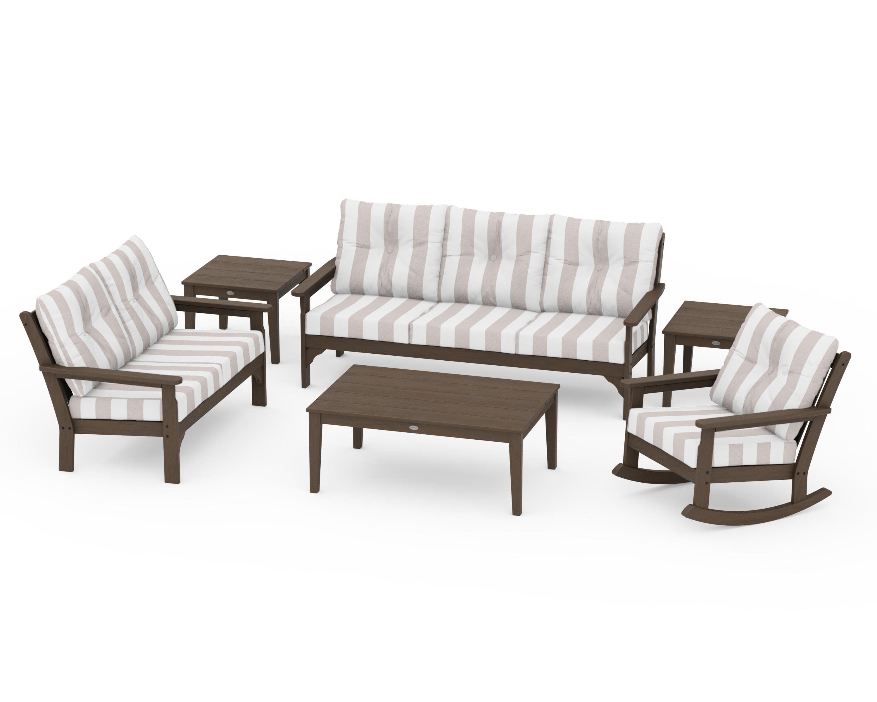Vineyard 6-Piece Deep Seating Set in Kona / Cabana Stripe Dune Burlap