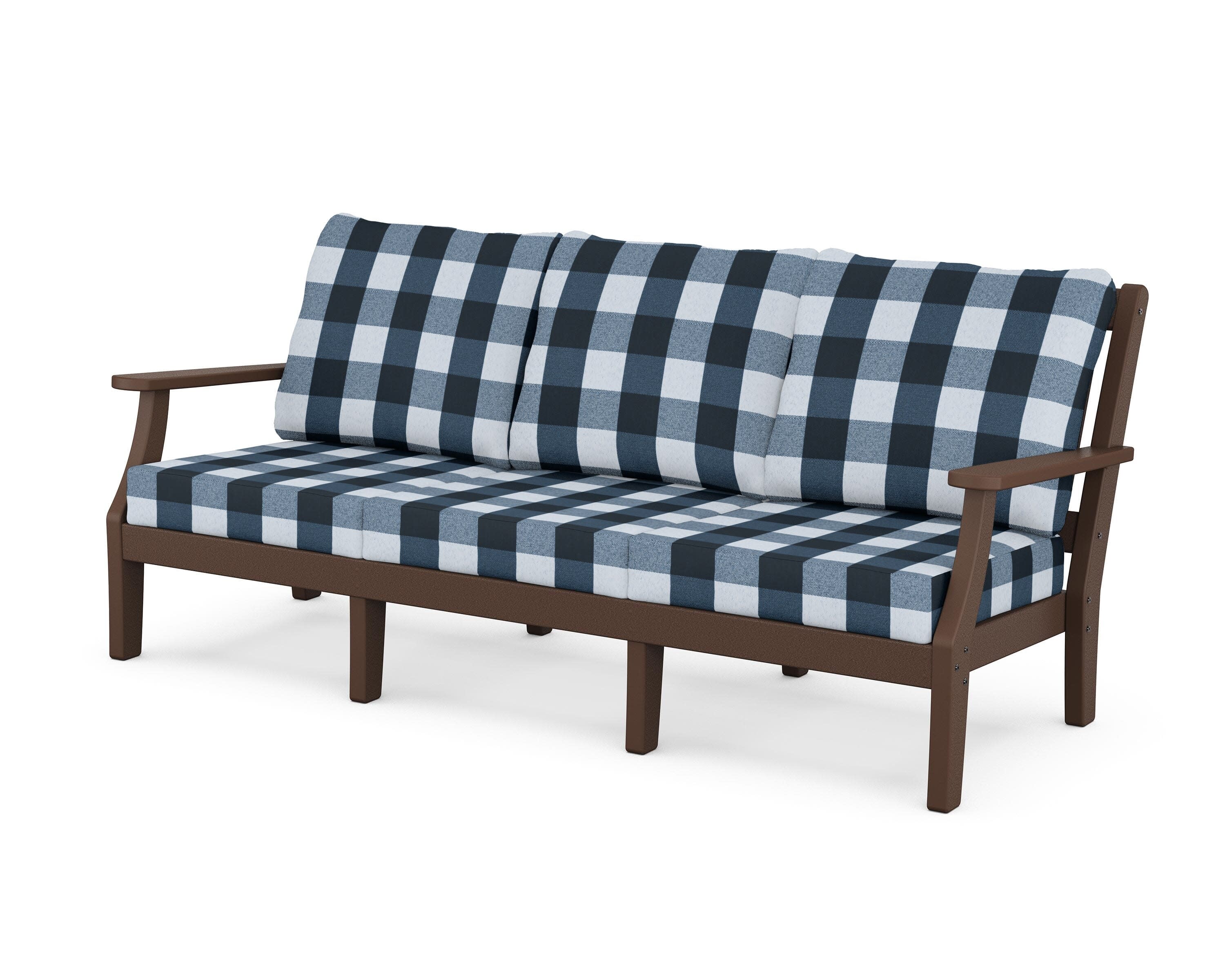 Chinoiserie Deep Seating Sofa in Mahogany / Buffalo Plaid Marine Indigo
