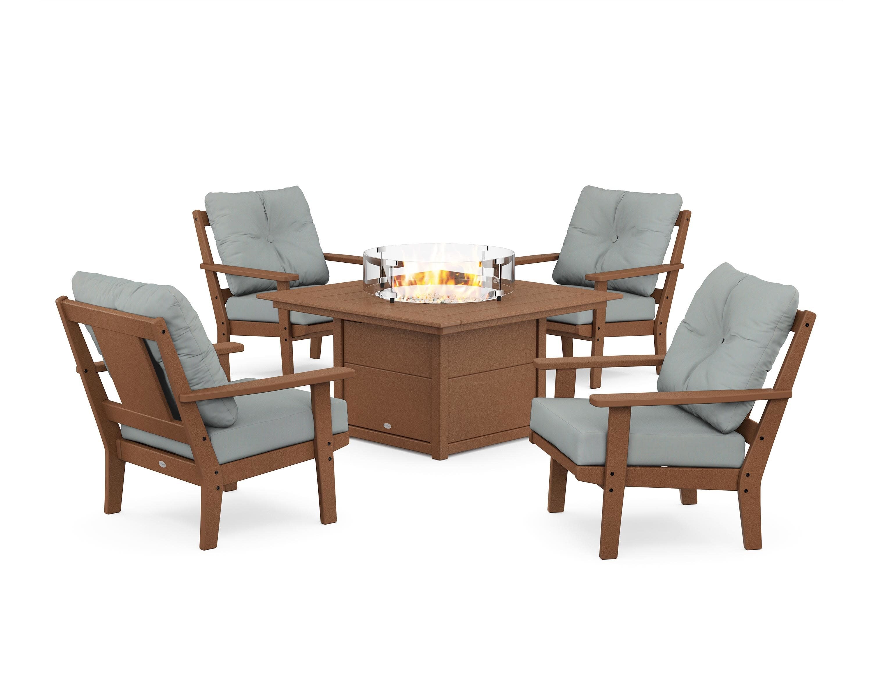 Prairie 5-Piece Deep Seating Set with Fire Pit Table in Teak / Spa