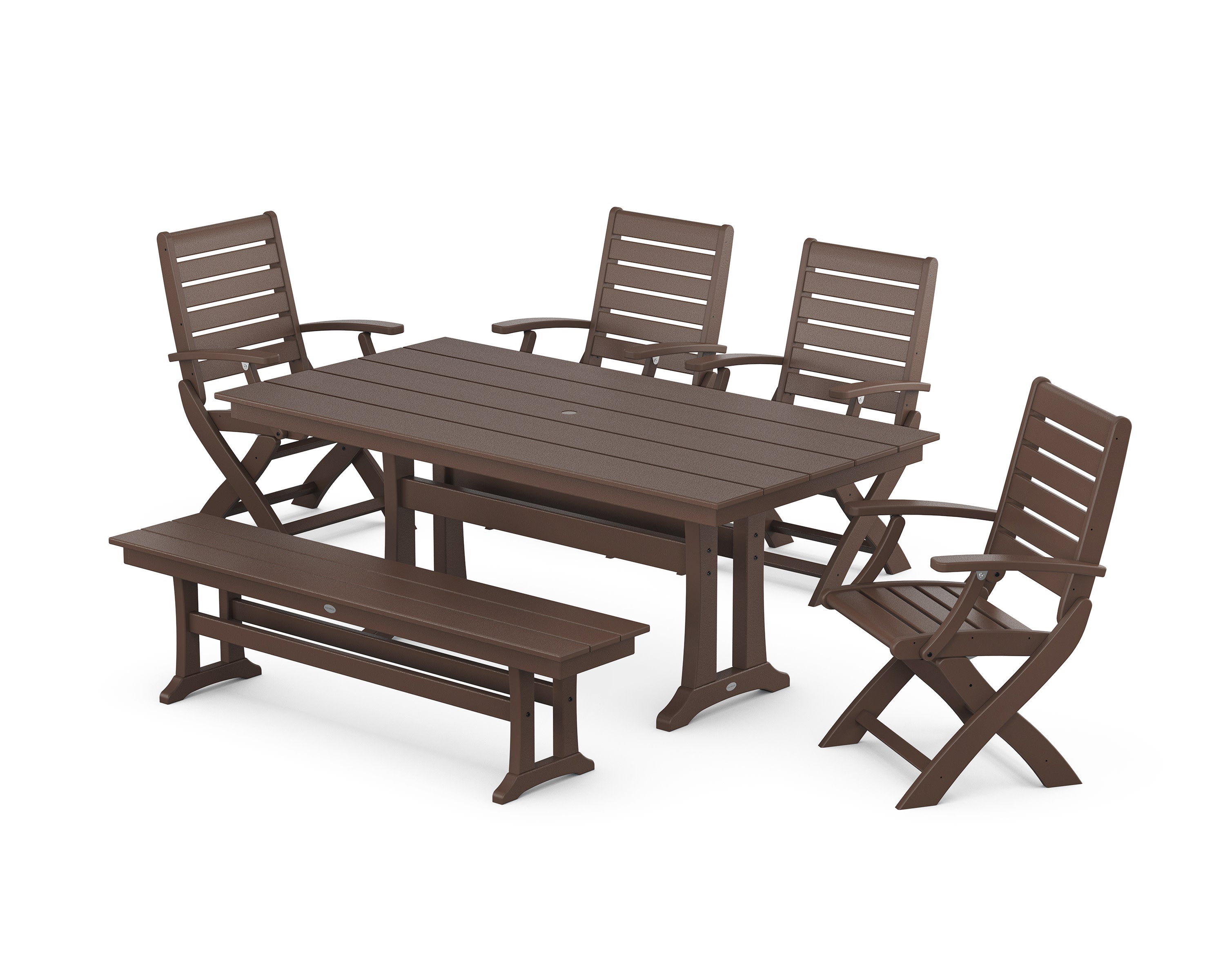 Signature Folding Chair 6-Piece Farmhouse Dining Set with Trestle Legs and Bench in Mahogany