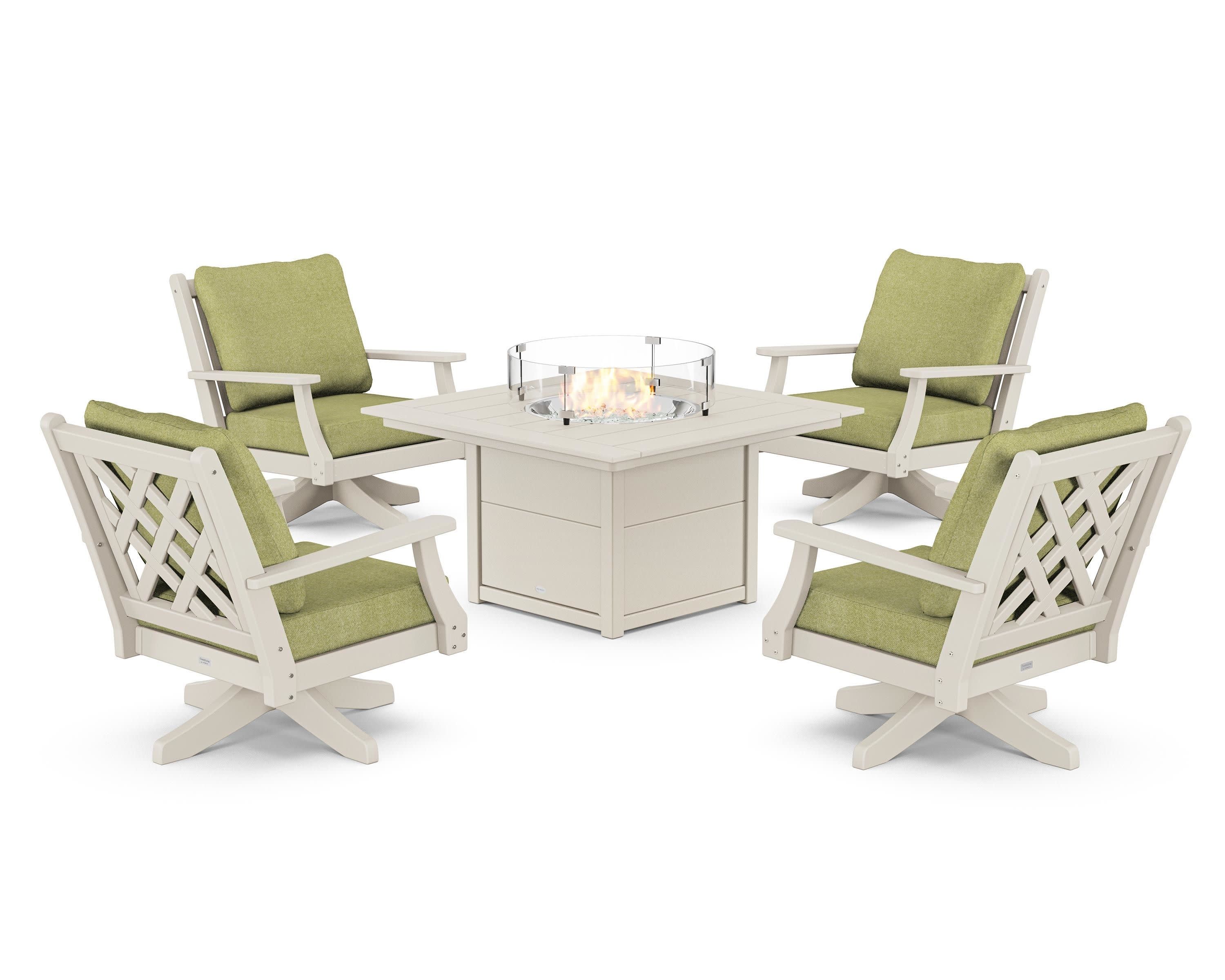 Wovendale 5-Piece Deep Seating Swivel Conversation Set with Fire Pit Table in Sand / Chartreuse Boucle