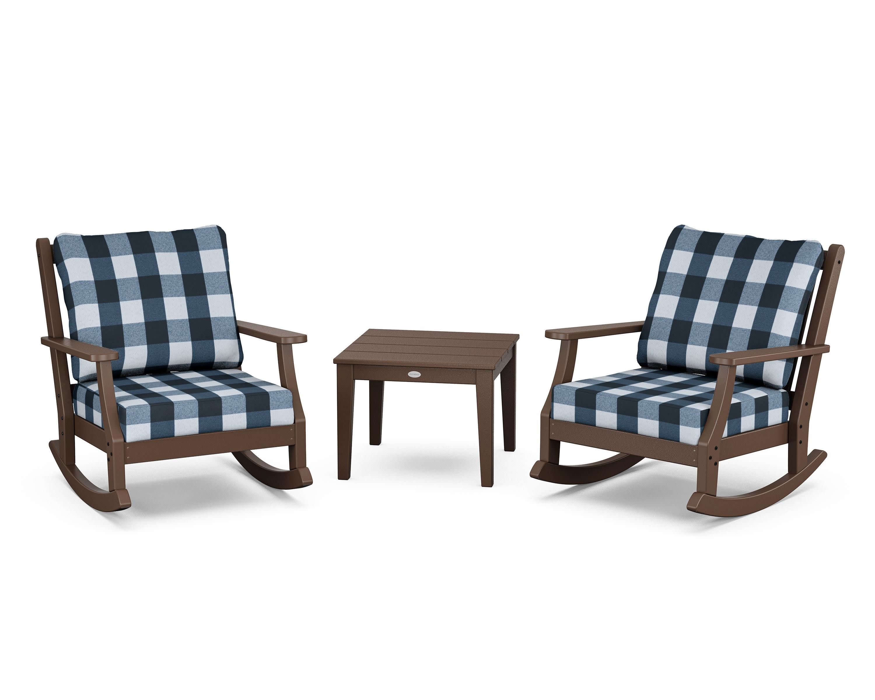 Wovendale 3-Piece Deep Seating Rocker Set in Mahogany / Buffalo Plaid Marine Indigo