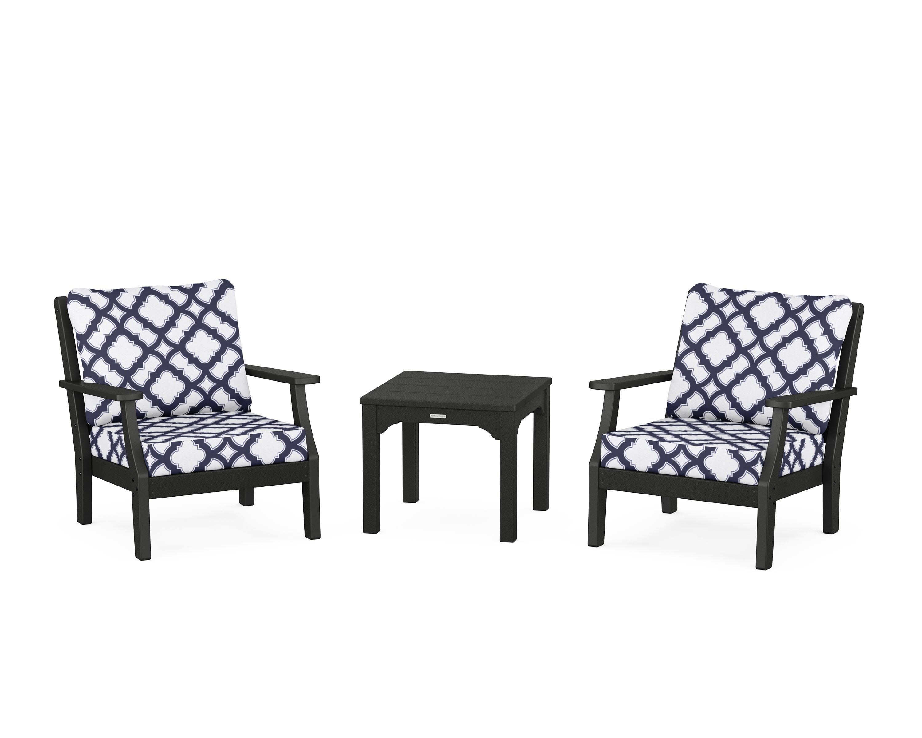 Chinoiserie 3-Piece Deep Seating Set in Black / Trellis Navy